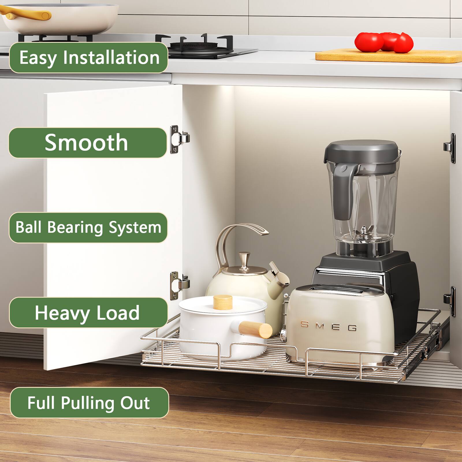 Easy Installation, Smooth, Ball Bearing System, Heavy Load, Full Pulling Out