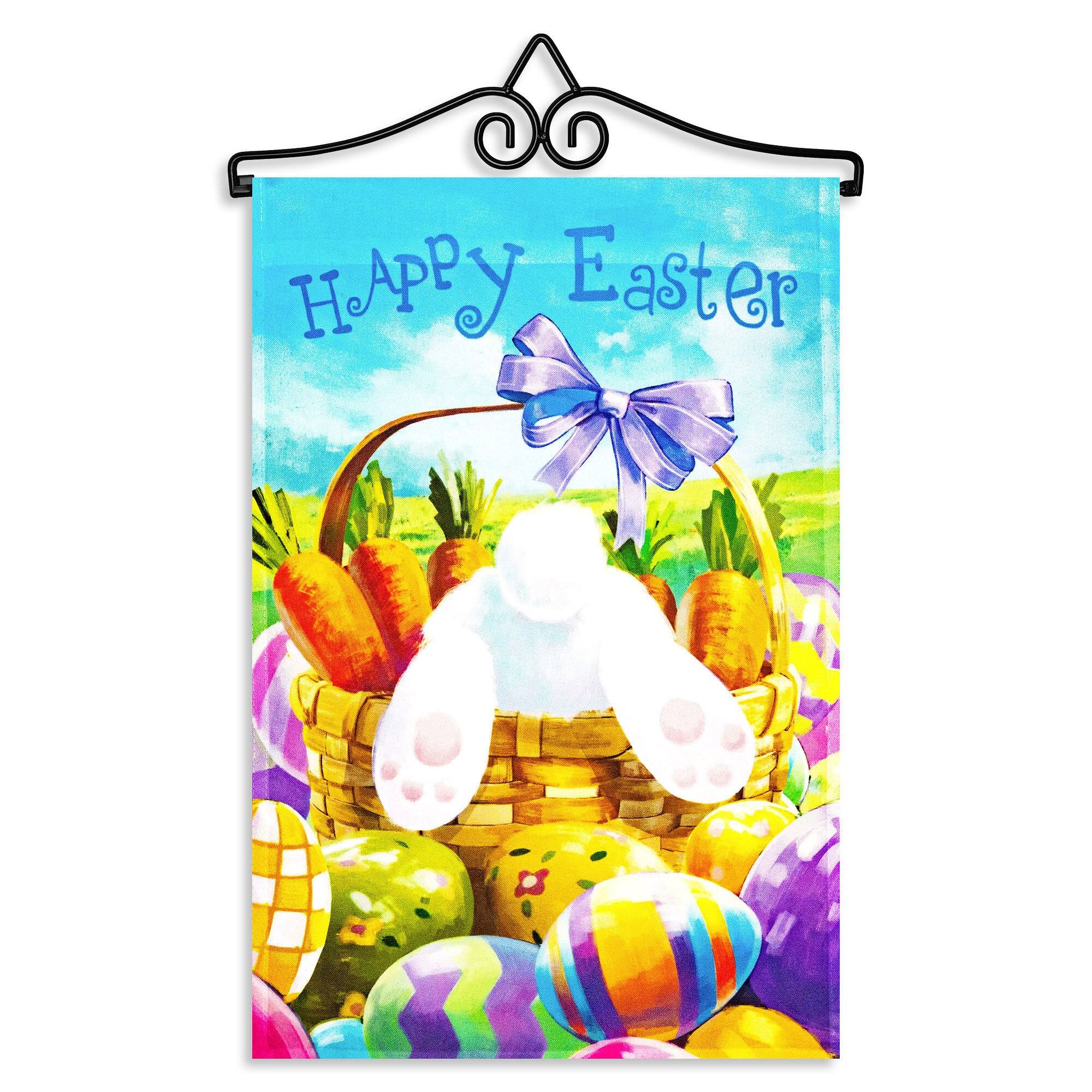 G128 - Combo Garden Flag Hanger 14 in & 12 x 18 in Happy Easter Flag, 150D Polyester - Colorful