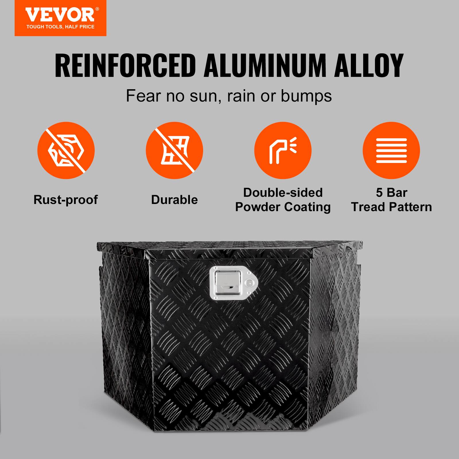 VEVOR TOUGH TOOLS, HALF PRICE

REINFORCED ALUMINUM ALLOY  
Fear no sun, rain or bumps

- Rust-proof
- Durable
- Double-sided Powder Coating
- 5 Bar Tread Pattern