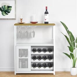 Babevy - 3-Tier Wine & Coffee Hub - Mesh Door Bar Cabinet with 12-Bottle Rack & 9-Glass Holder for Home - White