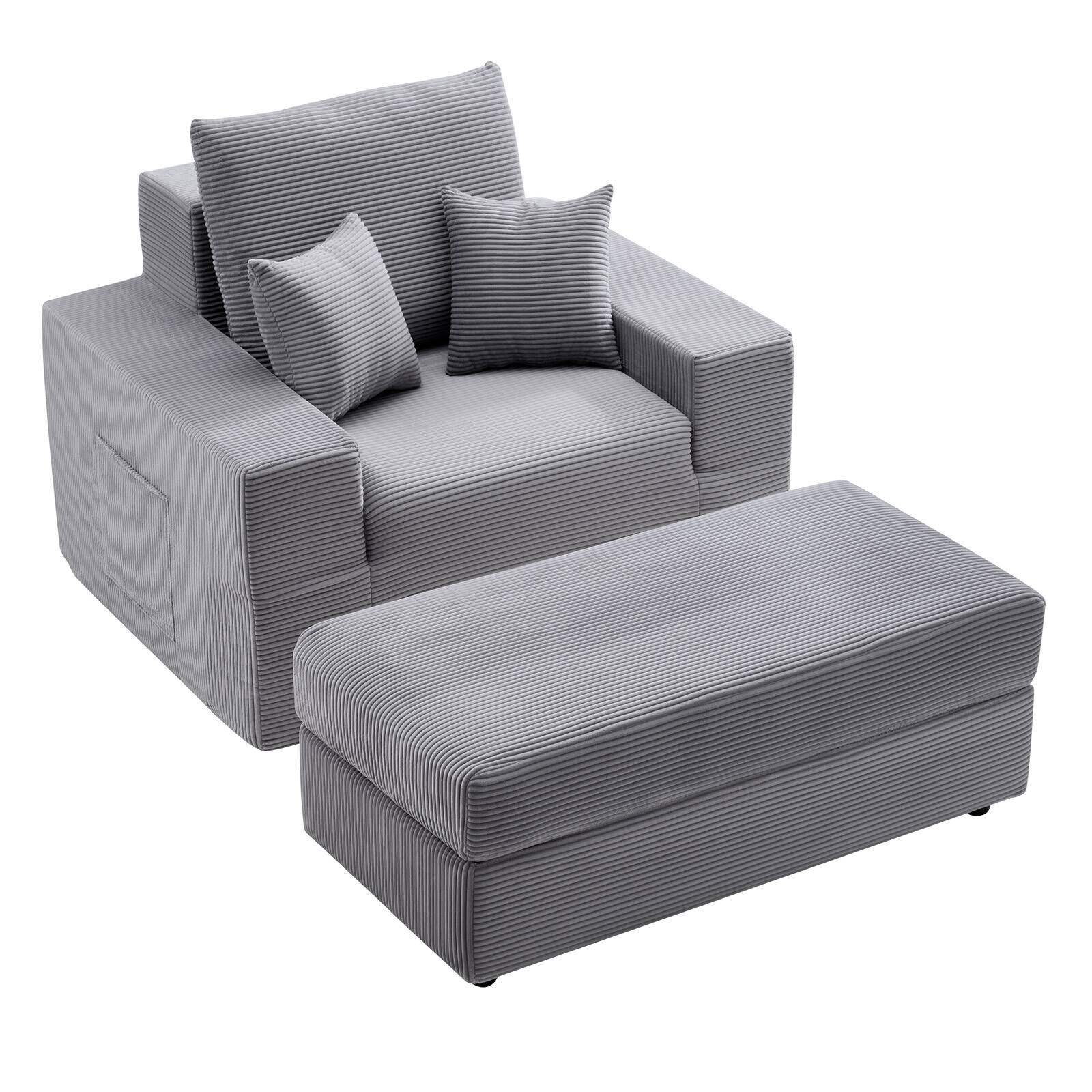 Alt View 5. VEVOR - Modular Chaise Lounge Chair, 44-Inch Oversized Corduroy Recliner with Throw Pillows and Armrests - Gray.