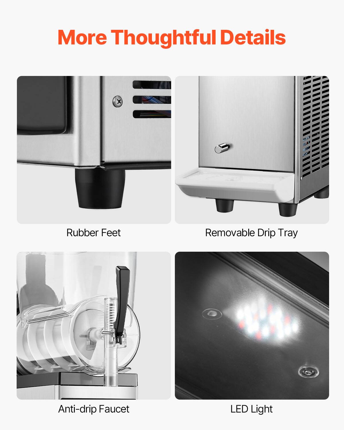 More Thoughtful Details

- Rubber Feet
- Removable Drip Tray
- Anti-drip Faucet
- LED Light