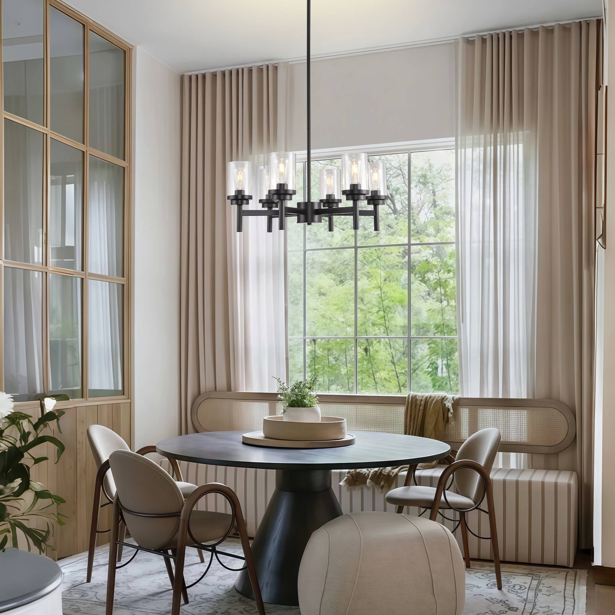 Back. RYHNUYNE - 6-Light Dining Room Light Fixtures Over Table,Black Farmhouse Glass Chandelier,Industrial Lighting for Living Room Foyer - Black.