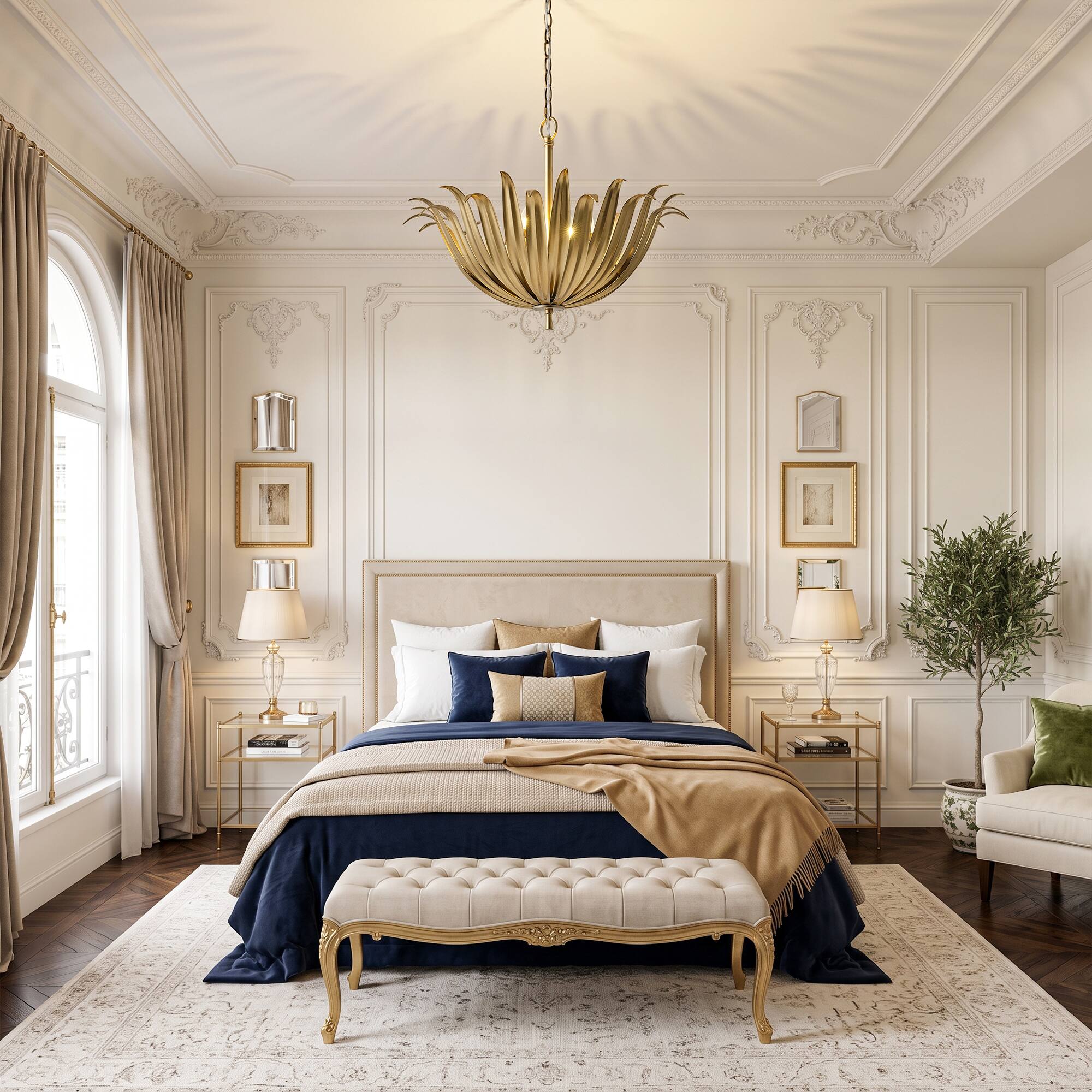 Left. Parrot Uncle - 23.6 Inch Modern Flower 6 Light Ceiling Hanging Fixture with Adjustable Chain Pendant - Gold.
