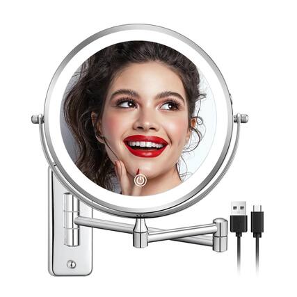 Front. Cedar Assembly - Rechargeable Wall Mounted Makeup Mirror 8 Inch 1x/10x Magnifying With 3 Color Lights Dimmable Led Lighted Double Sided - Chrome-led.