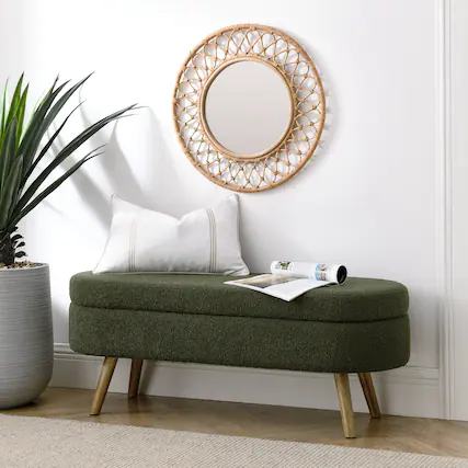 Front. GOODSILO - Elegant Fabric Storage Ottoman Bench with Wooden Legs for Living Room or Bedroom Footrest and Seating - Green.