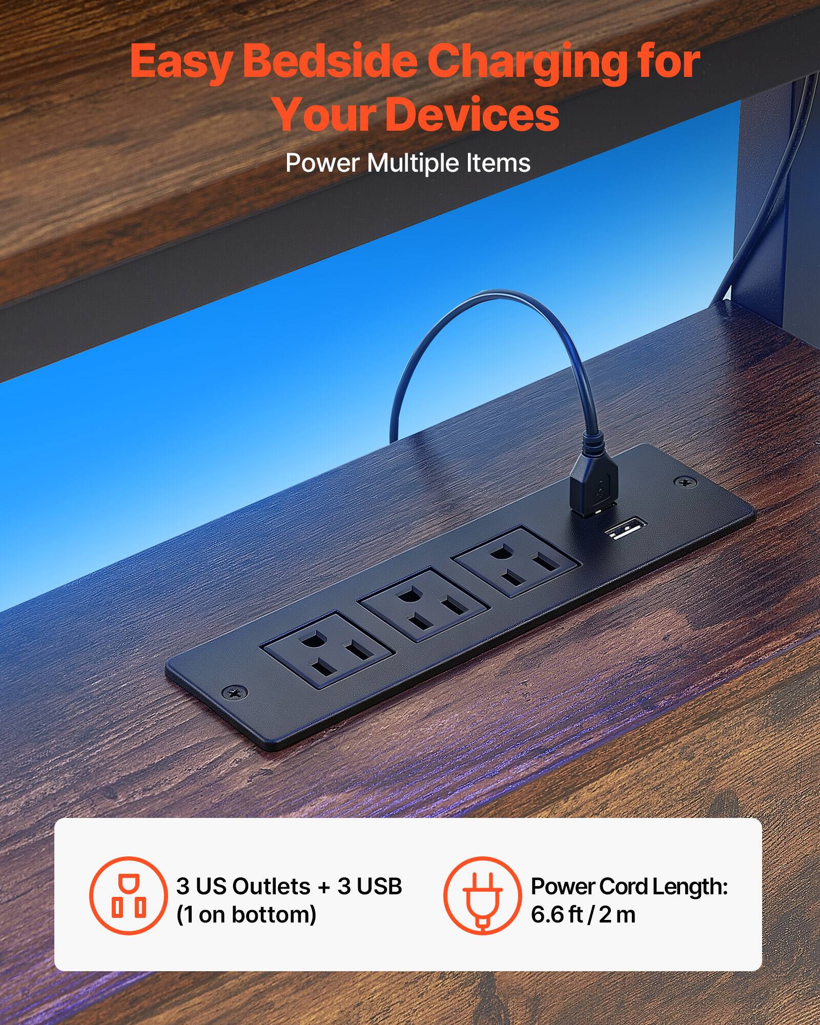 Easy Bedside Charging for Your Devices  
Power Multiple Items  

3 US Outlets + 3 USB (1 on bottom)  
Power Cord Length: 6.6 ft/2 m