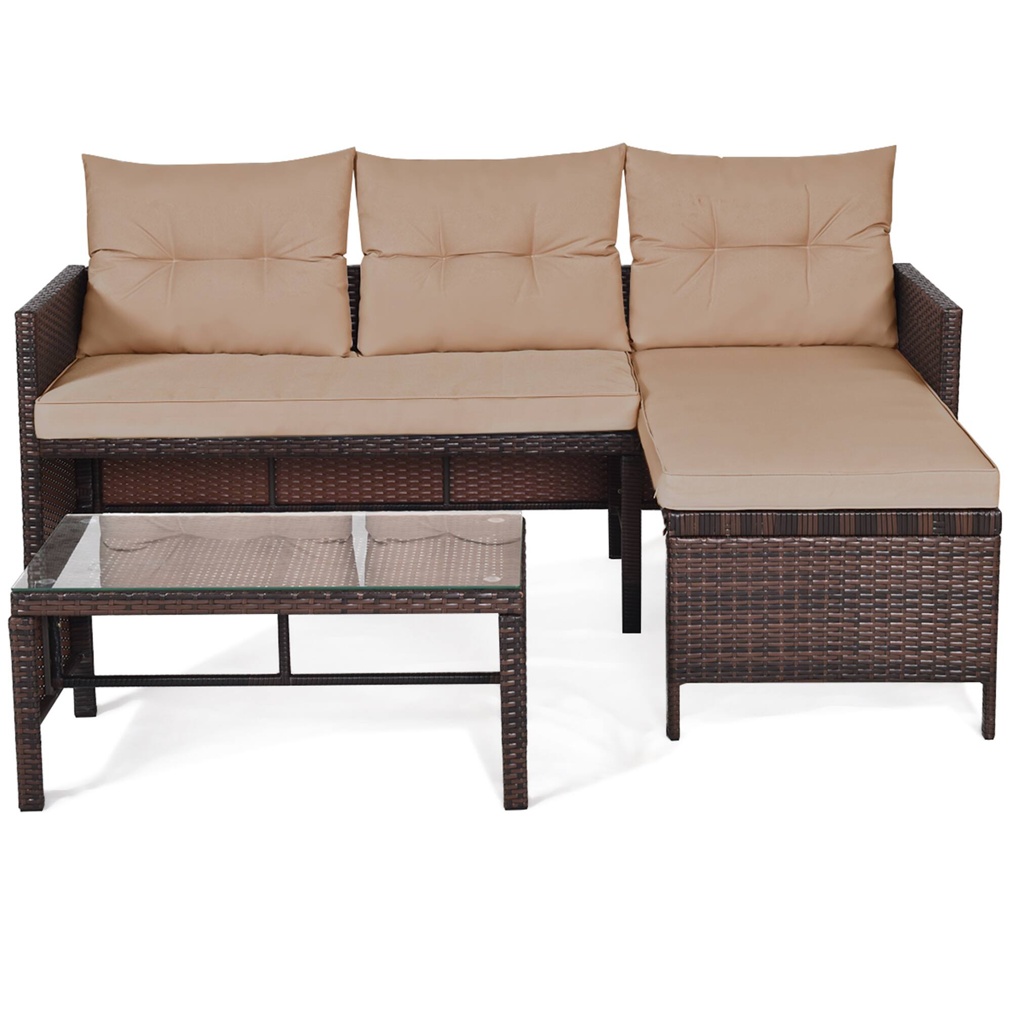 Alt View 4. Gymax - Gymax 3PC Rattan Furniture Sofa Lounge Chaise Set Outdoor Patio Garden - mix brown.