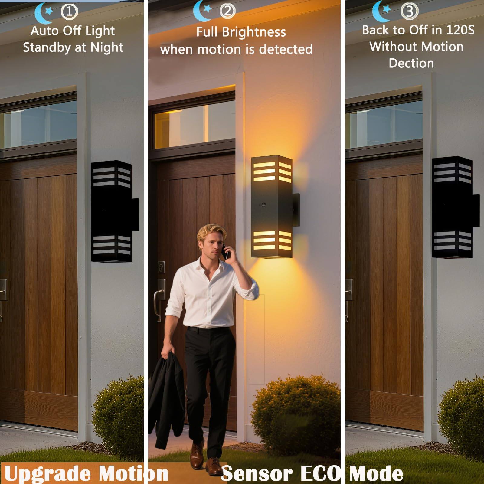 1. Auto Off Light Standby at Night  
2. Full Brightness when motion is detected  
3. Back to Off in 120S Without Motion Detection  

Upgrade Motion Sensor ECO Mode