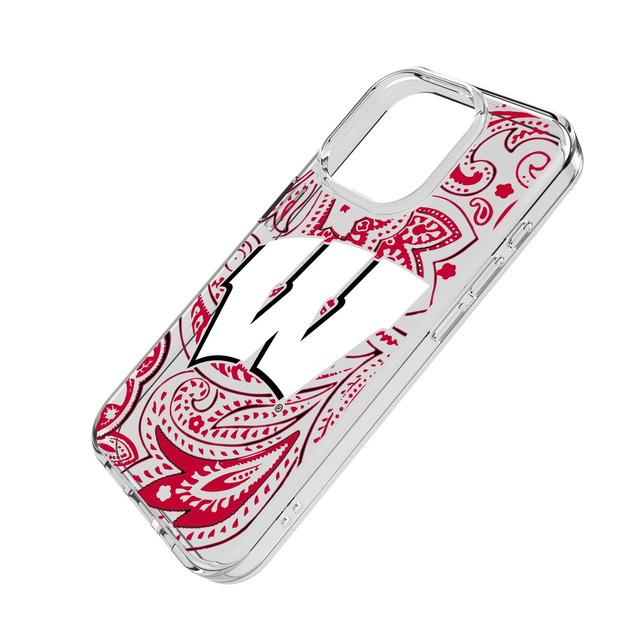 Alt View 1. Keyscaper - Wisconsin Badgers iPhone Paisley Design Clear Case - 14 Plus - Multicolor.
