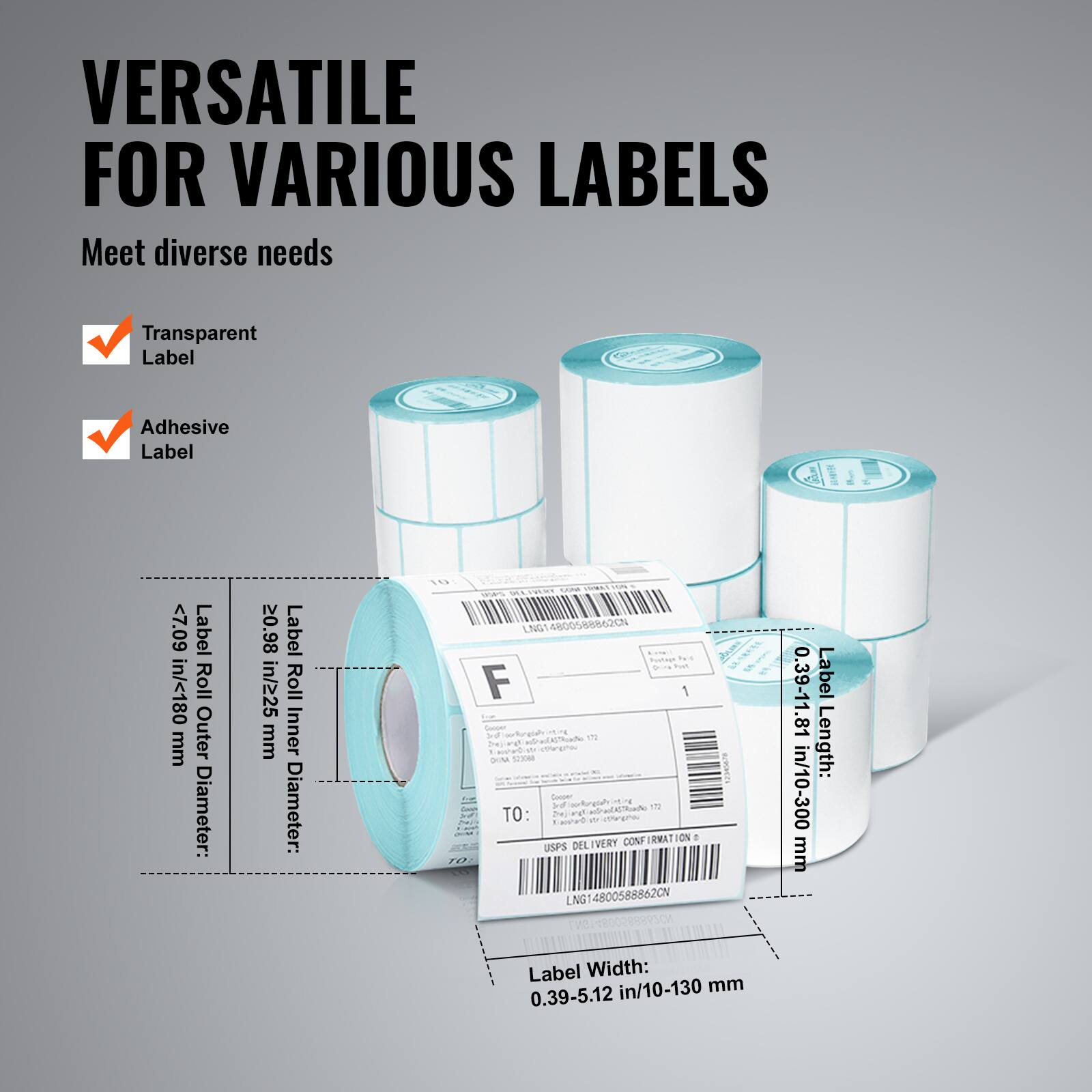 VERSATILE FOR VARIOUS LABELS

Meet diverse needs

Transparent Label  
Adhesive Label

Label Roll Outer Diameter: <7.09 in/<180 mm  
Label Roll Inner Diameter: 20.98 in/225 mm  
Label Length: 0.39-11.81 in/10-300 mm  
Label Width: 0.39-5.12 in/10-130 mm  

USPS DELIVERY CONFIRMATION  
LNG14800588862CN