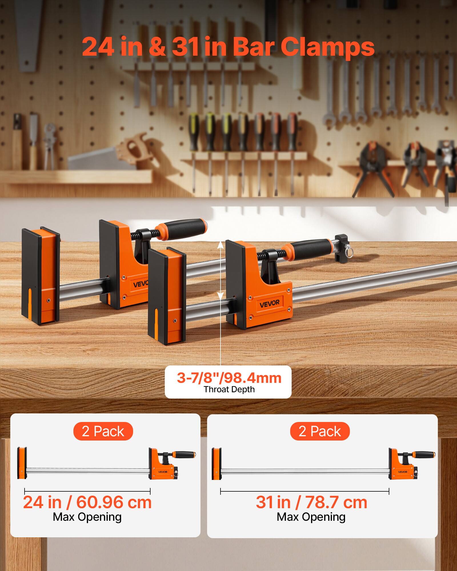 24 in & 31 in Bar Clamps VEVO VEVOR 3-7/8"/98.4mm Throat Depth 2 Pack

24 in / 60.96 cm Max Opening

31 in / 78.7 cm Max Opening