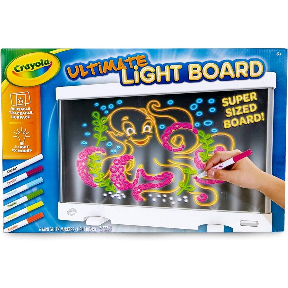 Crayola Ultimate Light Board  
6+  
Super Sized Board!  
Reusable, Traceable Surface  
3 Light FX Modes  
6 Mini Gel FX Markers - Light Board  
3x AA Batteries Included