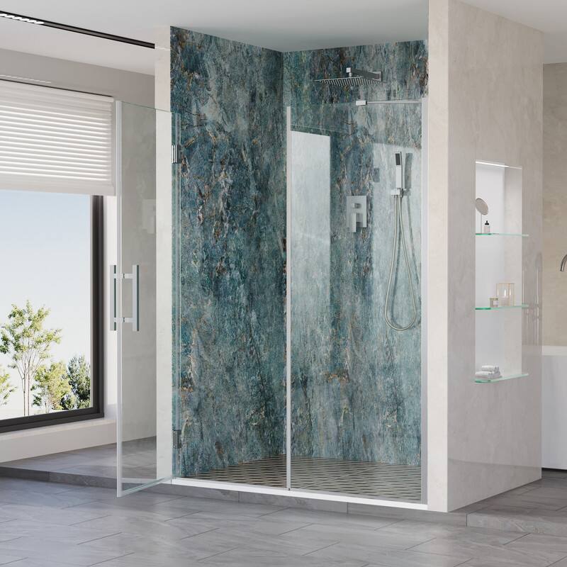 Left. WELLFOR - 56–57 in. W x 72 in. H Frameless Hinged Shower Door with 3/8" Clear Tempered Glass, Reversible Opening - Chrome.