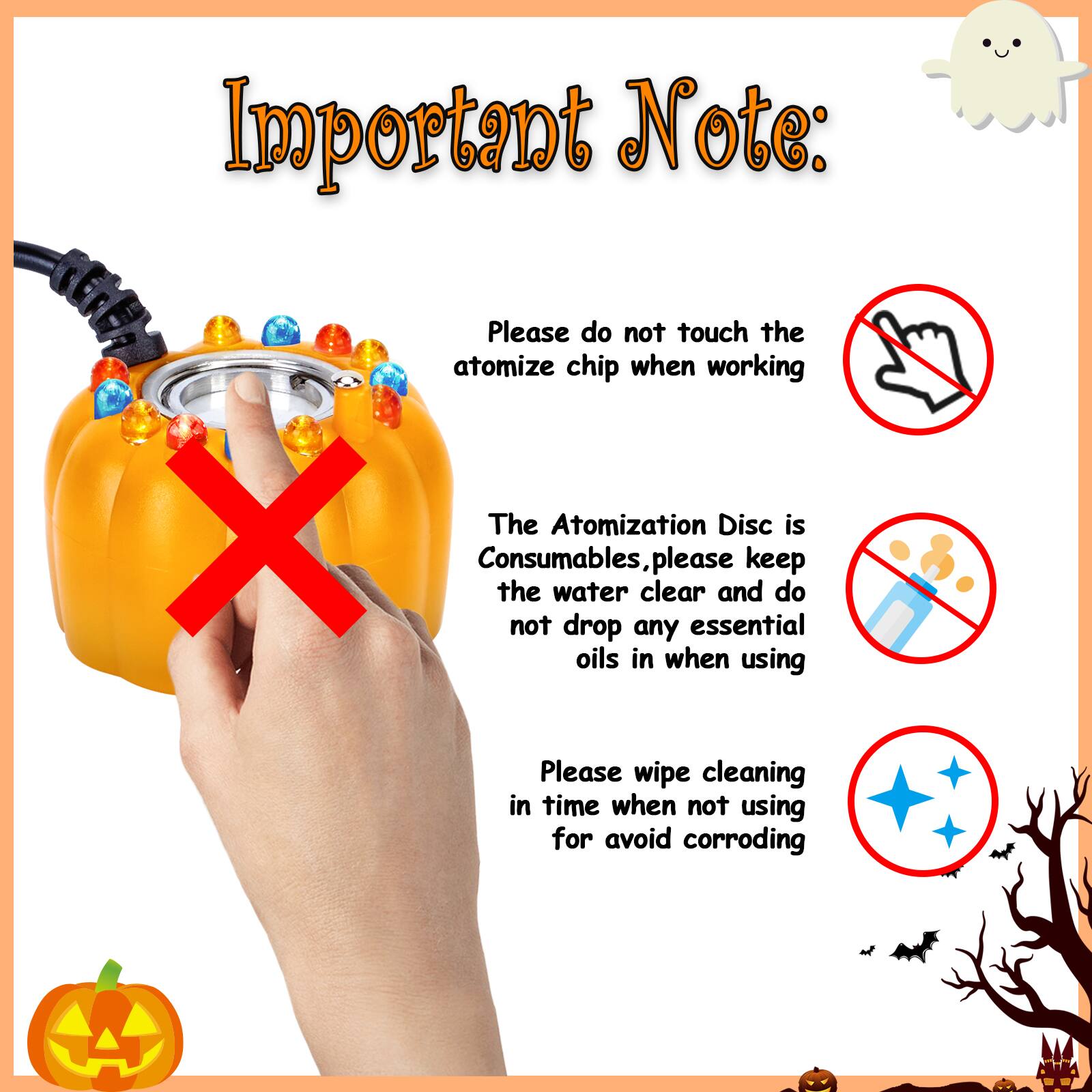 The Atomization Disc is Consumables, please keep water clear and do not drop any essential oils in when using. Please wipe cleaning in time when not using for avoid corroding.