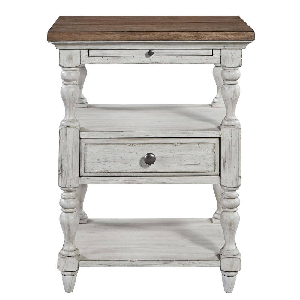 Angle. Liberty Furniture Industries - Farmhouse Reimagined 1 Drawer Night Stand in Antique White w/ Chestnut Top - White.
