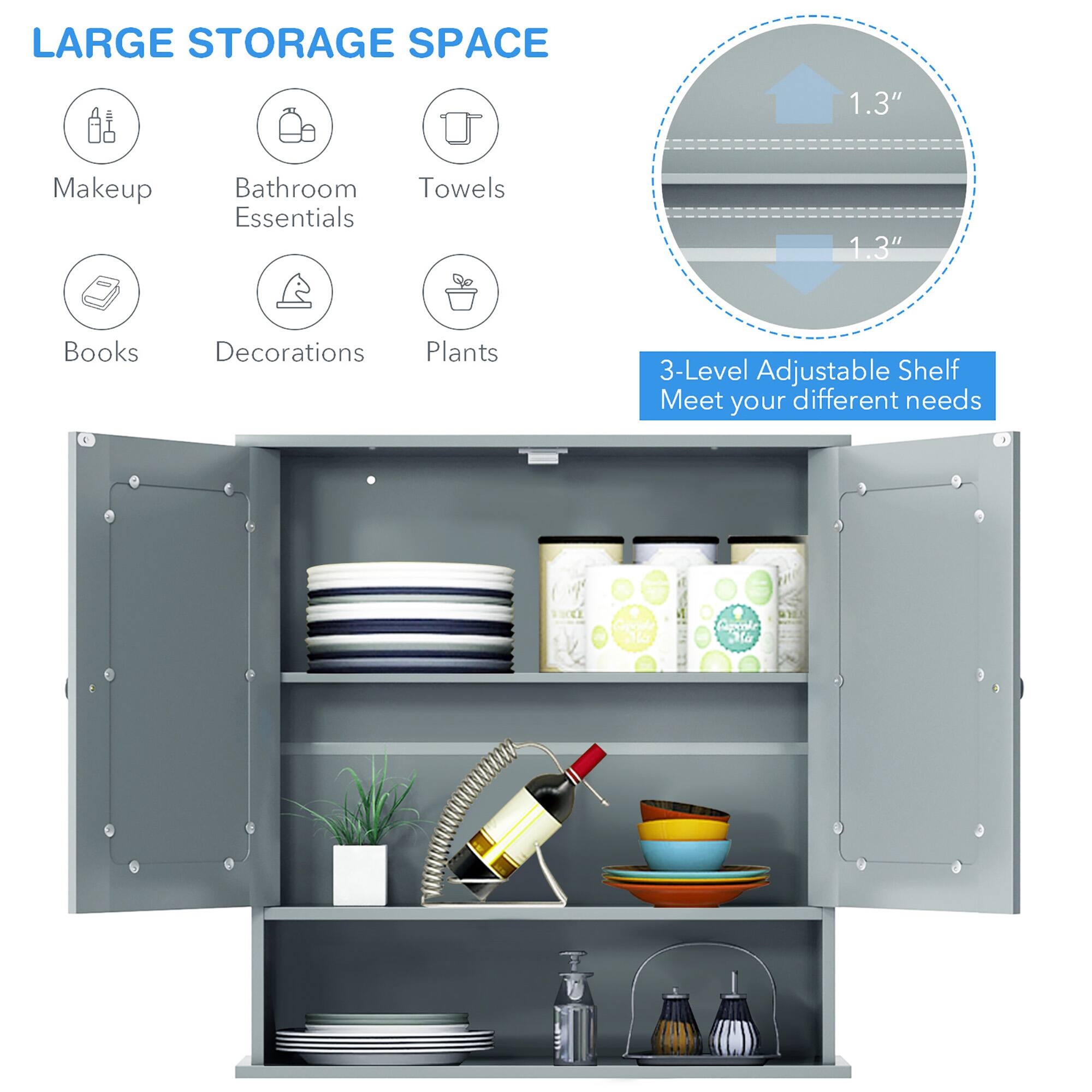 LARGE STORAGE SPACE

- Makeup
- Bathroom Essentials
- Towels
- Books
- Decorations
- Plants

3-Level Adjustable Shelf  
Meet your different needs

1.3"  
1.3"