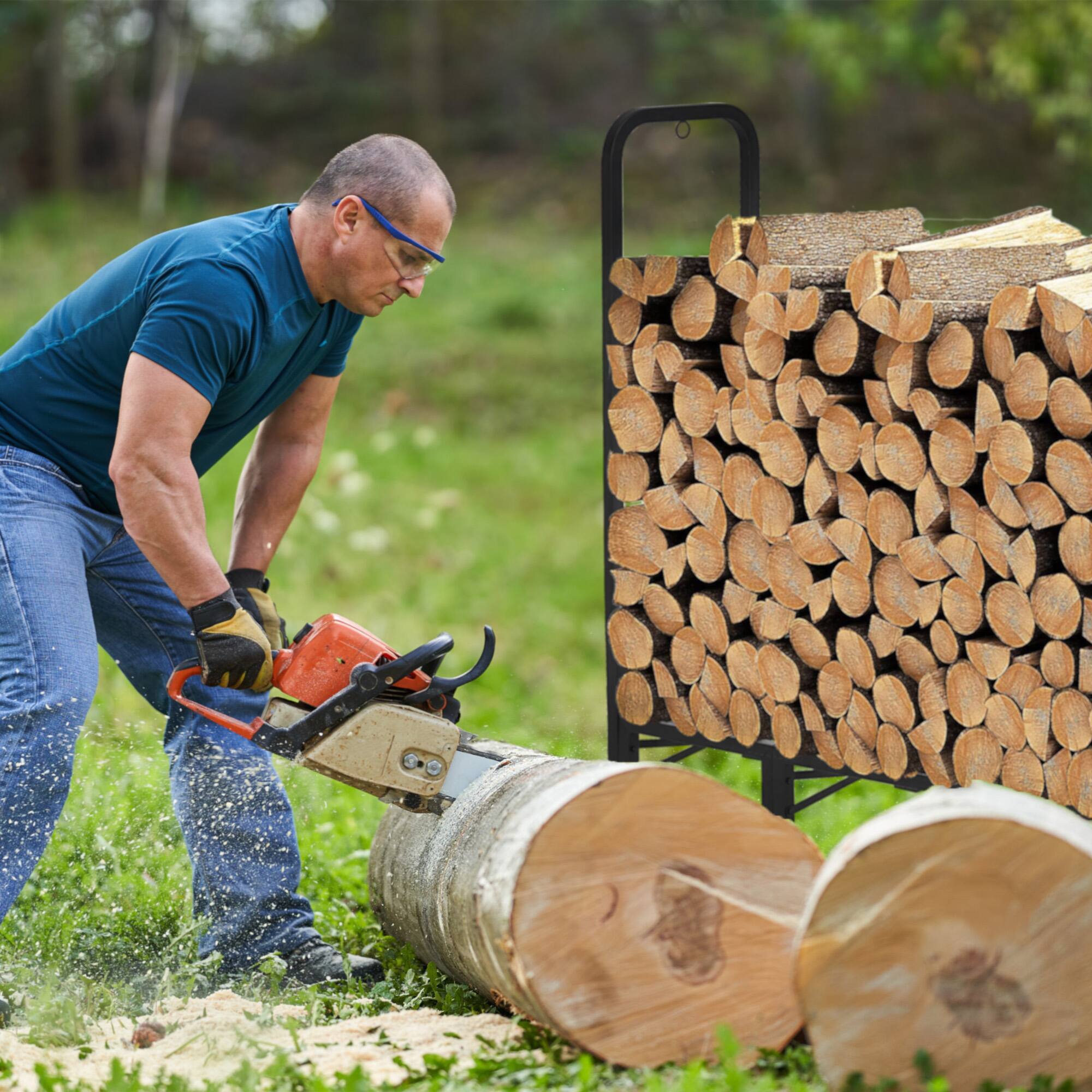 Left. Werph - 12FT Heavy Duty Outdoor Firewood Rack with Weatherproof Cover Elevated Log Storage for Indoor and Outdoor Use - Black.