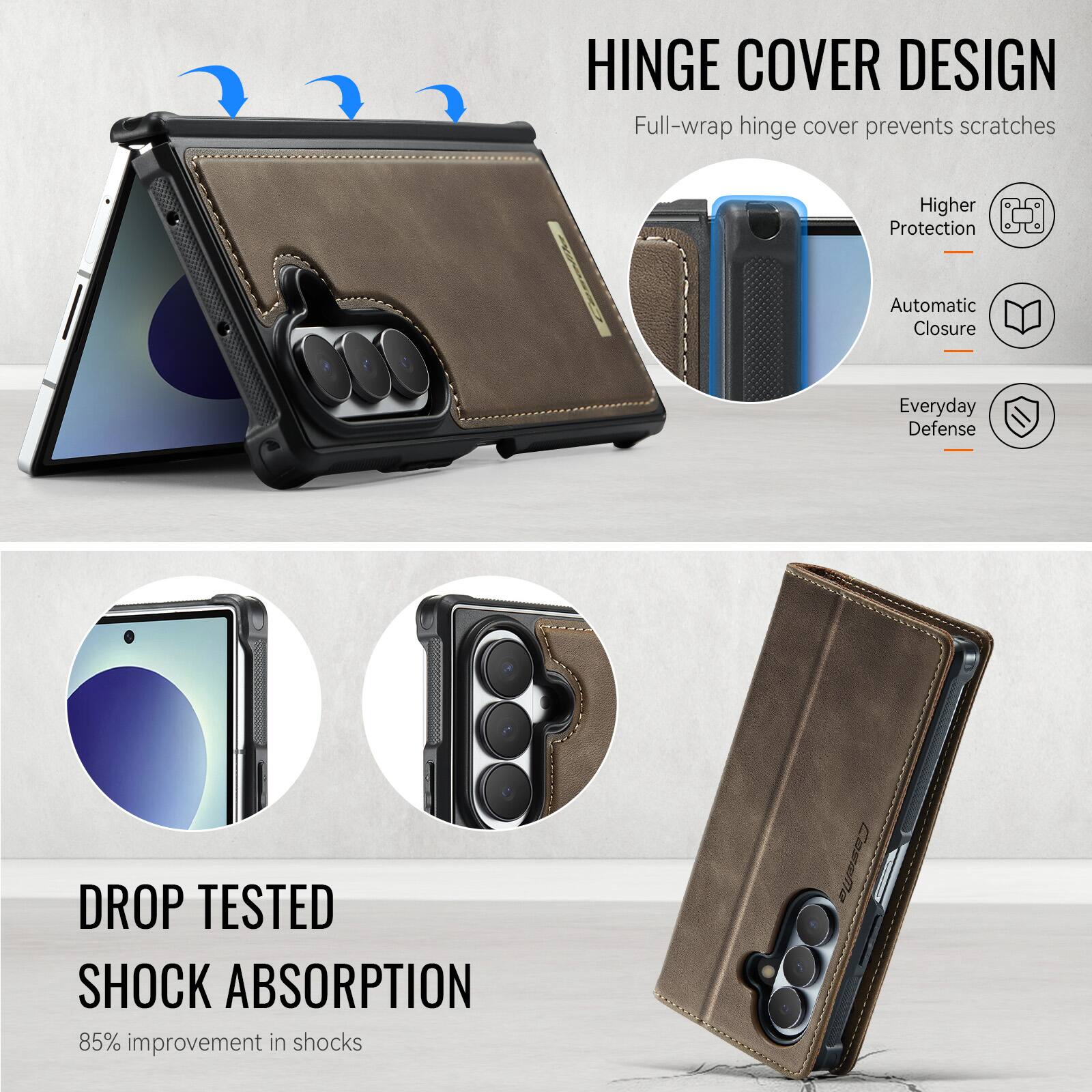 HINGE COVER DESIGN  
Full-wrap hinge cover prevents scratches

Higher Protection  
Automatic Closure  
Everyday Defense

DROP TESTED  
SHOCK ABSORPTION  
85% improvement in shocks