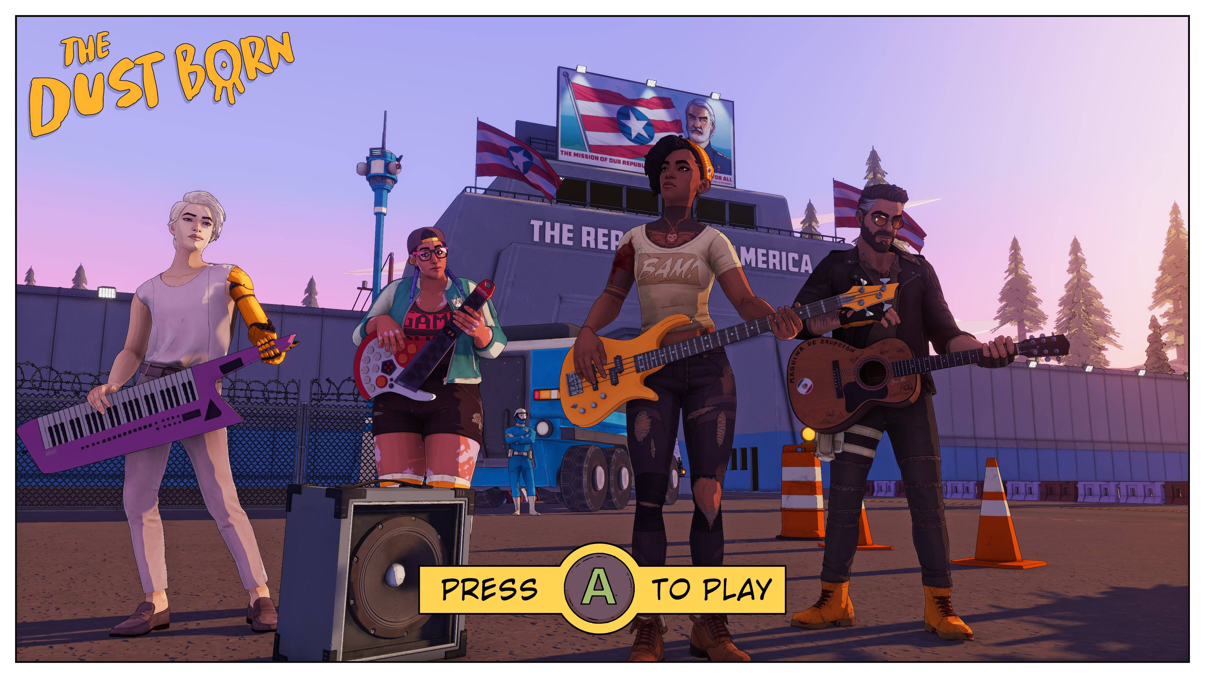 The text on the image is: "The Dust Born Dust Enemy Mission d S BAPUBL 1 - Bla The Rep AMERICA JAT DE ERUPCION MAQUINA Press A to Play."