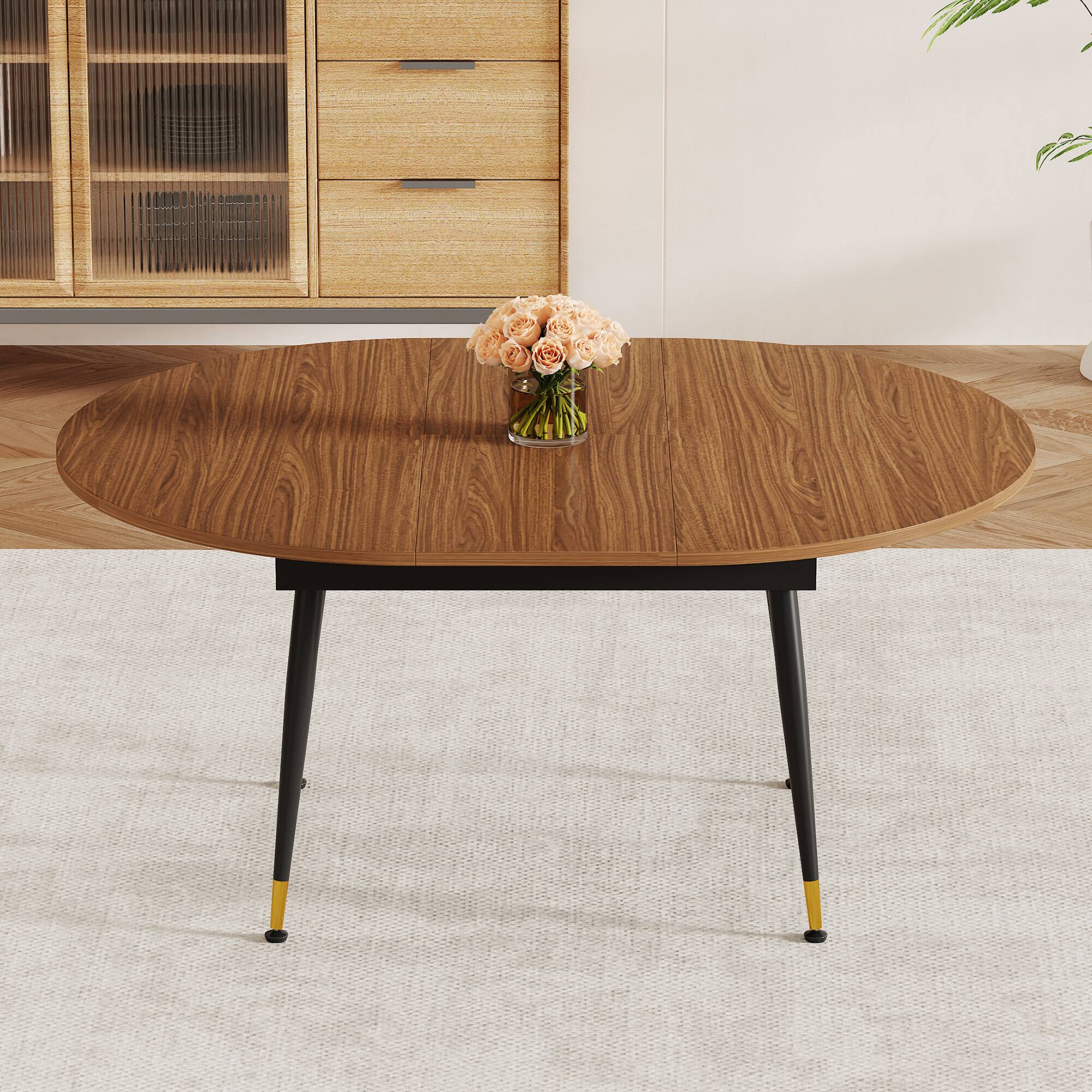 Back. Loheer - Loheer- Walnut Oval Extendable Dining Table 6.56x3.93x2.42 ft Modern Expandable Kitchen Table Seats Ten with Metal Legs - Black,Walnut.