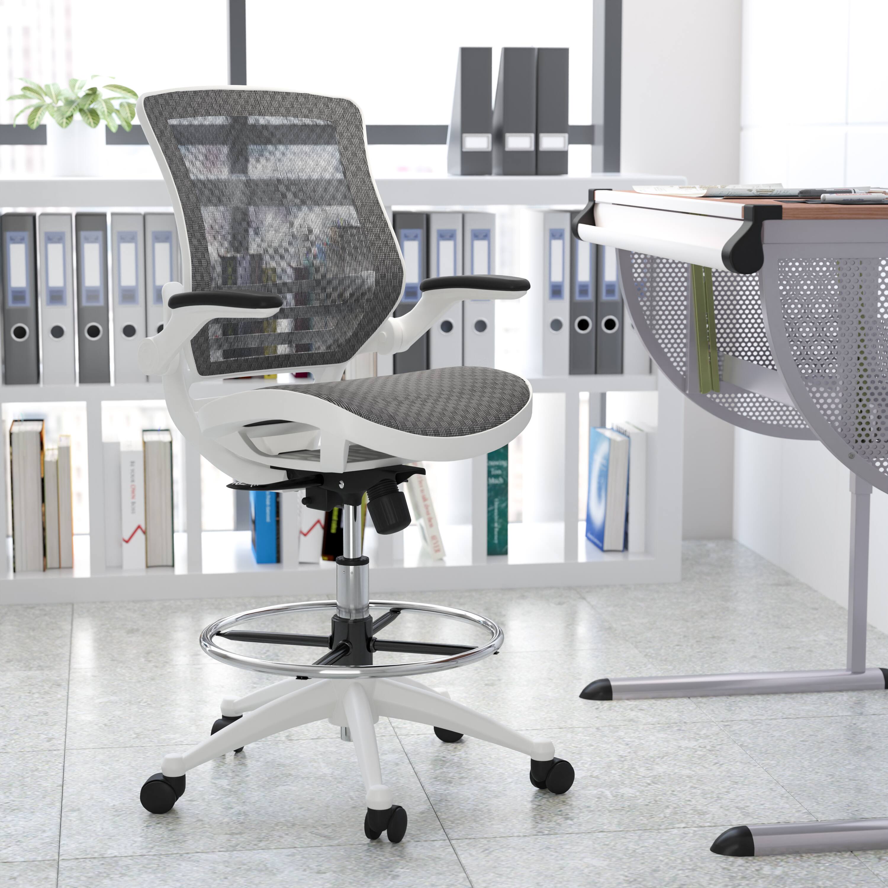 Alt View 1. Emma + Oliver - Mid-Back Transparent Mesh Drafting Chair with Flip-Up Arms - Gray Mesh/White Frame.