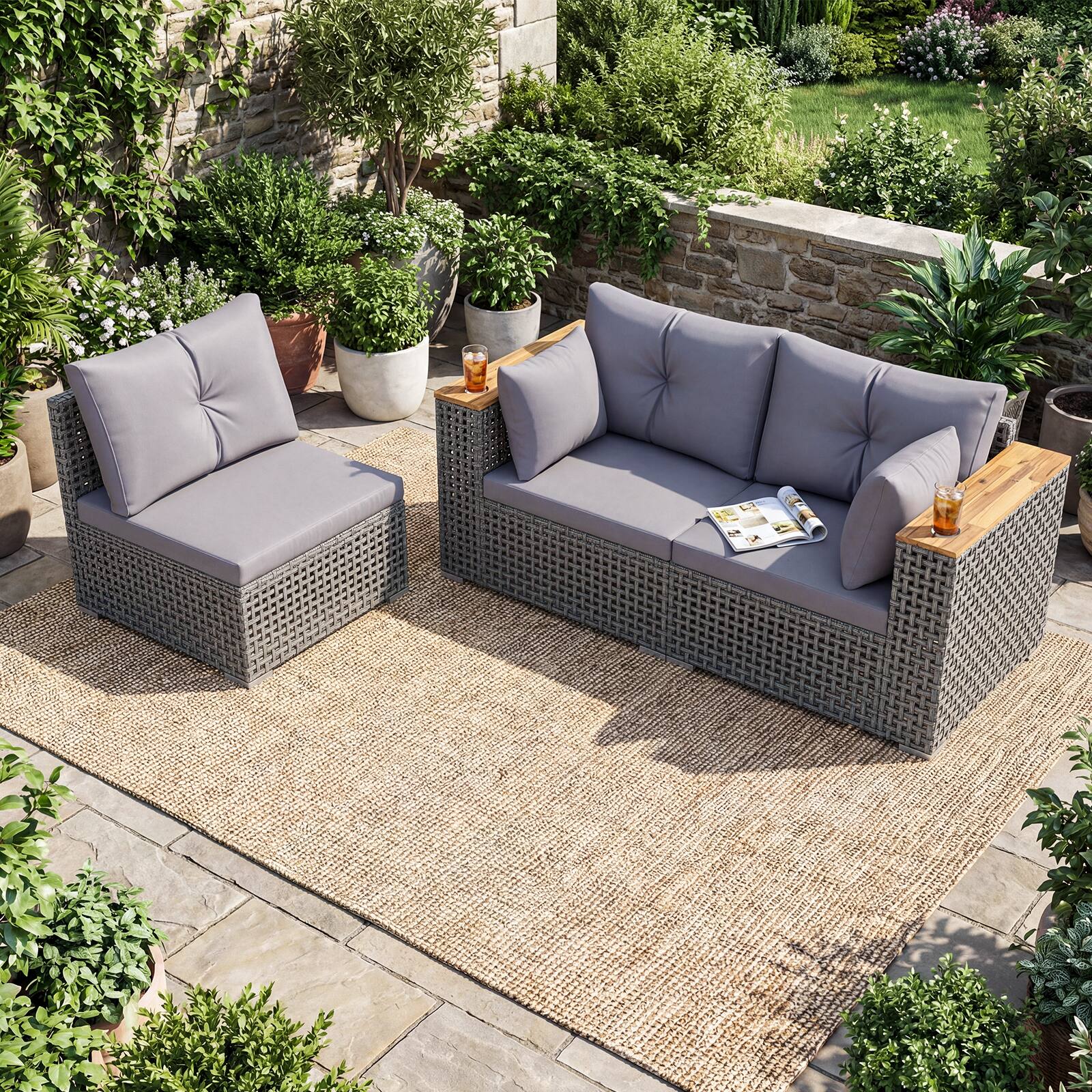 Alt View 3. Costway - Costway Patio Wicker Sectional Furniture Set, 3 Piece Outdoor Couch Set for Garden - Gray.