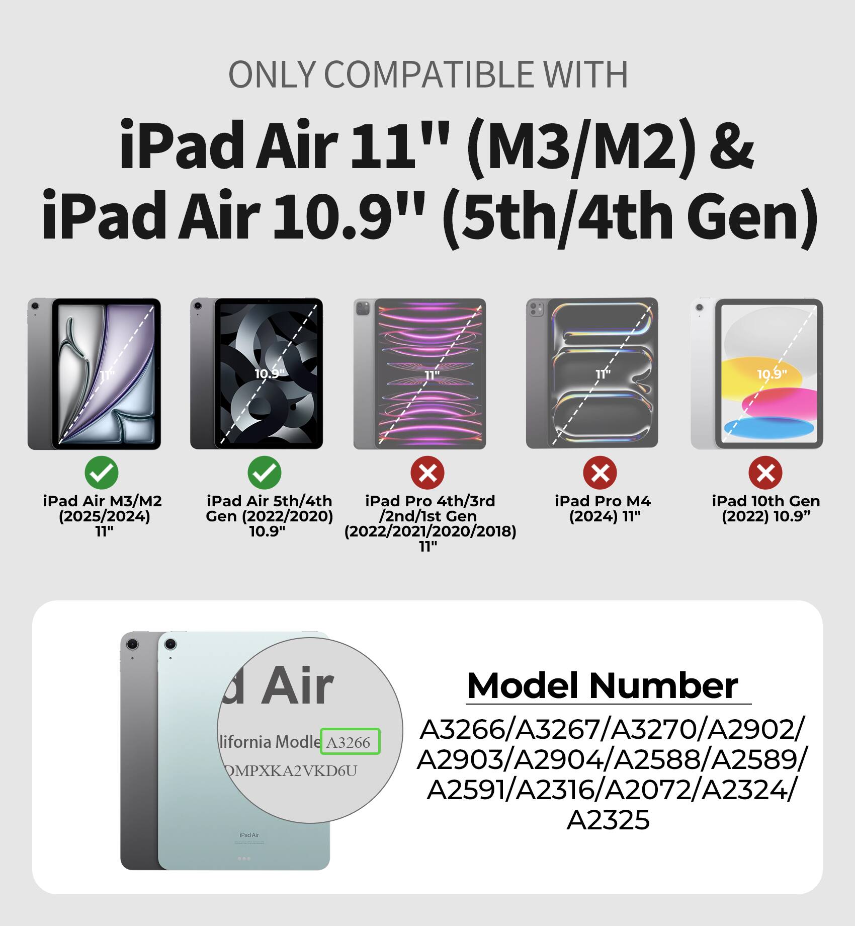 ONLY COMPATIBLE WITH  
iPad Air 11" (M3/M2) & iPad Air 10.9" (5th/4th Gen)  

- iPad Air M3/M2 (2025/2024) 11"  
- iPad Air 5th/4th Gen (2022/2020) 10.9"  

Model Number:  
A3266/A3267/A3270/A2902/A2903/A2904/A2588/A2589/A2591/A2316/A2072/A2324/A2325  

California Model: MPXK2VKD6U