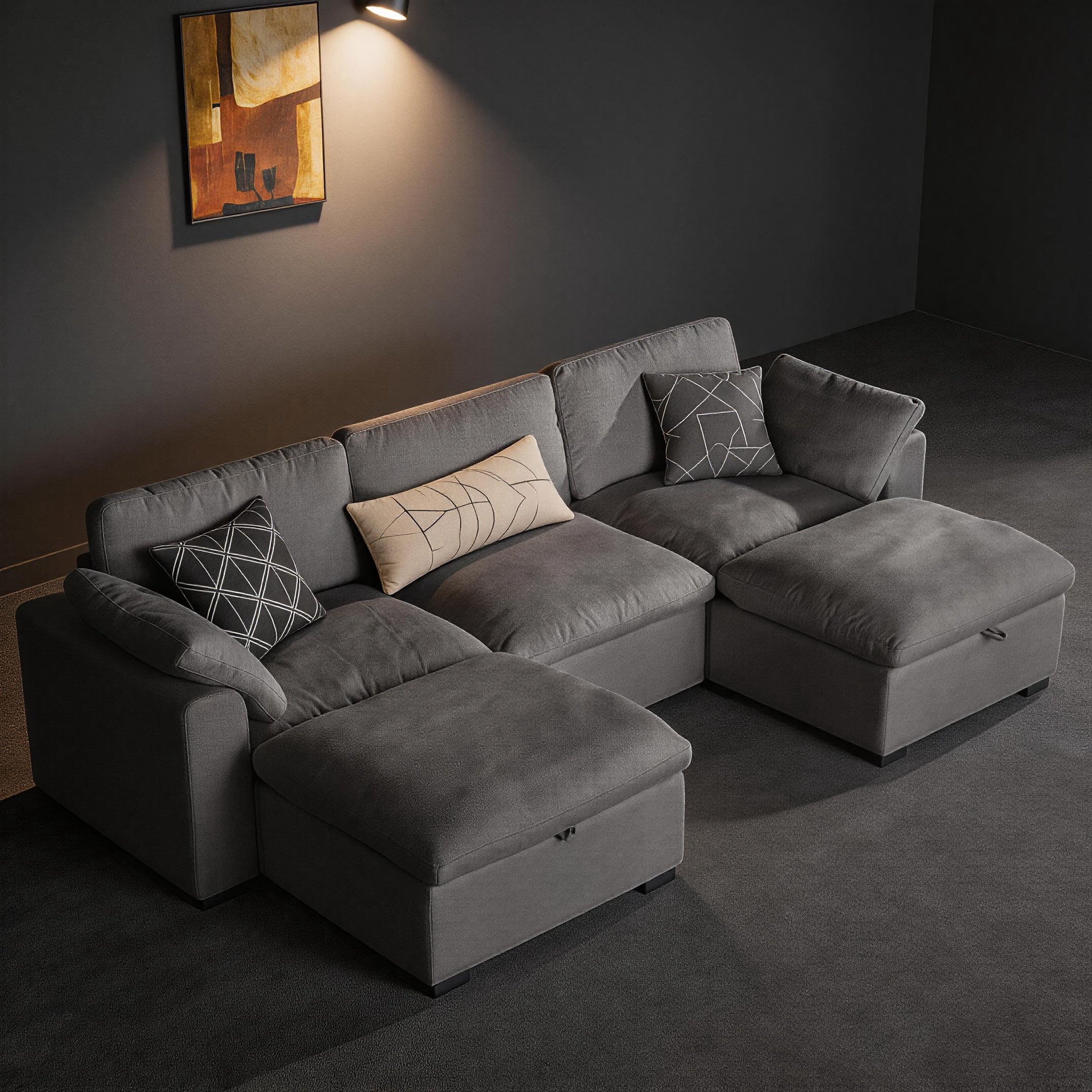 Dyonery - 120-inch modular sectional sofa, 3 Seat U Shaped with storage bench, down-filled, solid wood frame，Grey - Gray