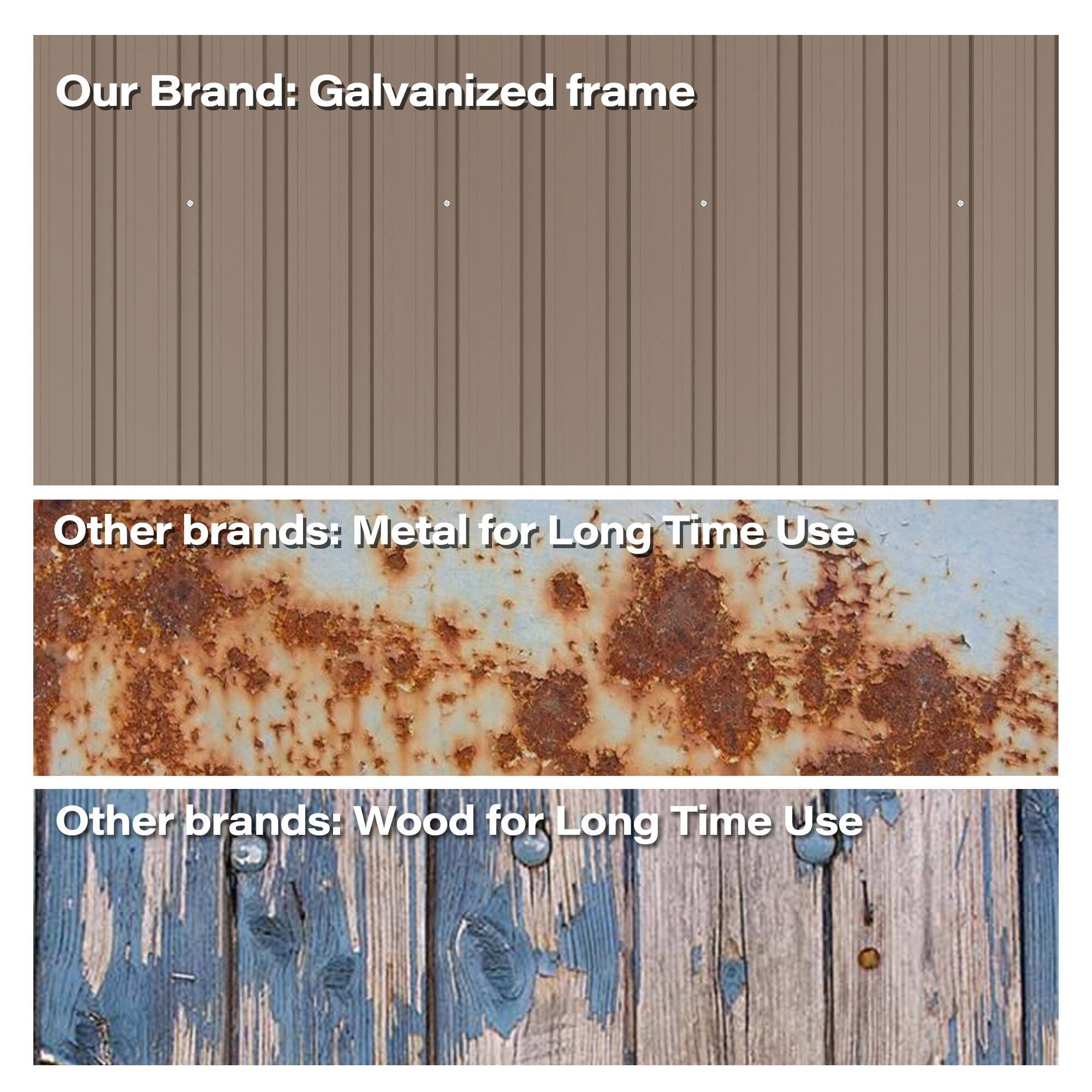 Our Brand: Galvanized frame

Other brands: Metal for Long Time Use

Other brands: Wood for Long Time Use