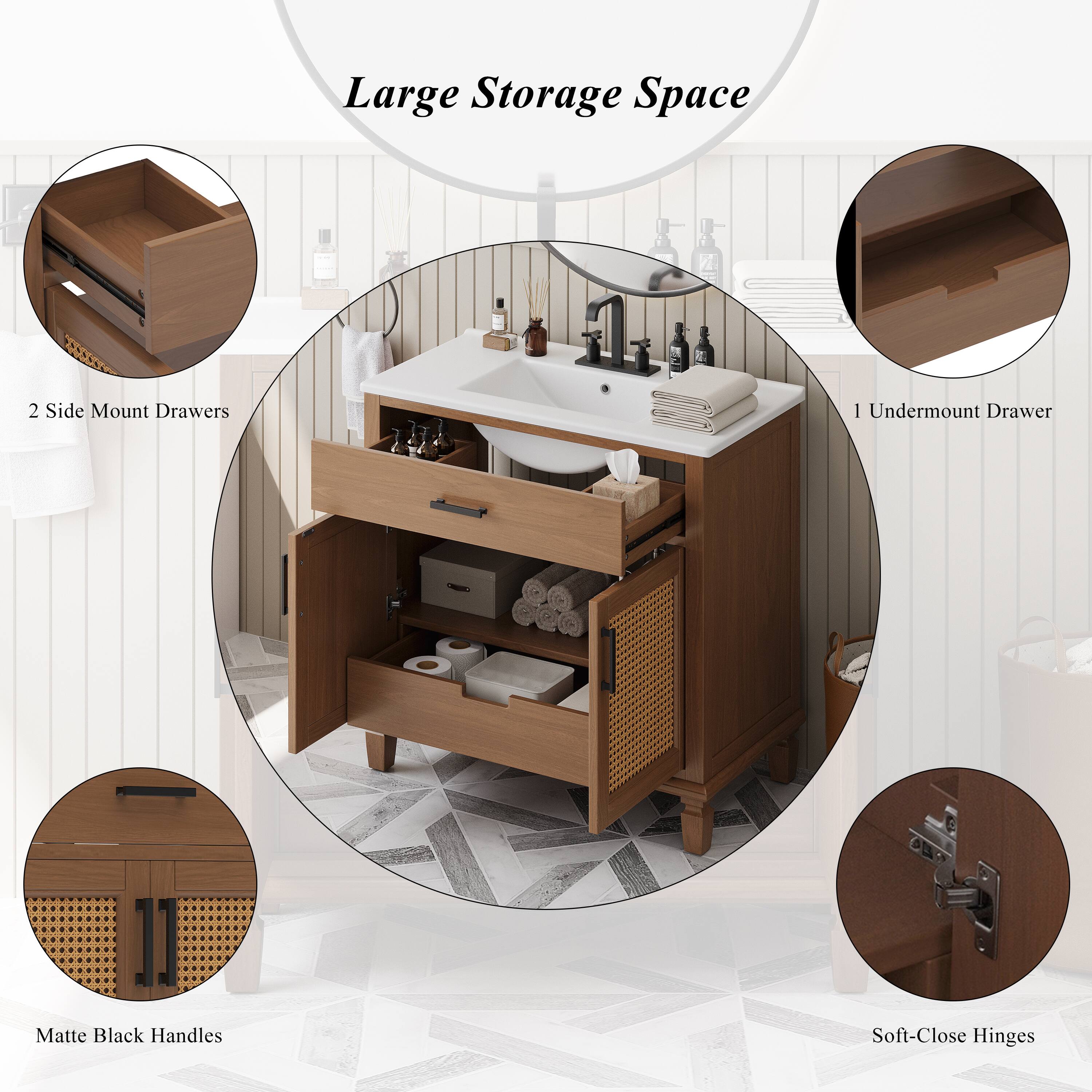 Large Storage Space

- 2 Side Mount Drawers
- 1 Undermount Drawer
- Matte Black Handles
- Soft-Close Hinges