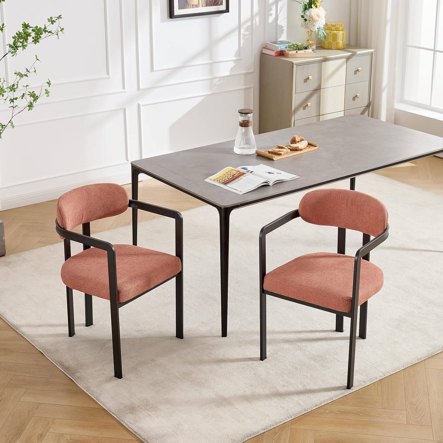 Alt View 5. Trinkets Crazed - Modern Dining Room Chairs Set of 2, Mid-Century Upholstered Boucle Kitchen Dining Chairs - orange.