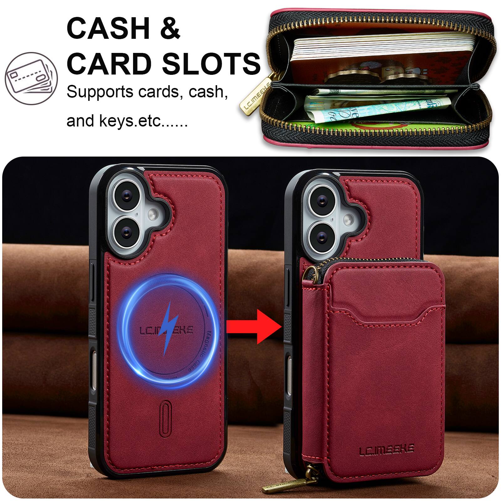 CASH & CARD SLOTS  
Supports cards, cash, and keys, etc.  
LCIMEKE  
Magnelic