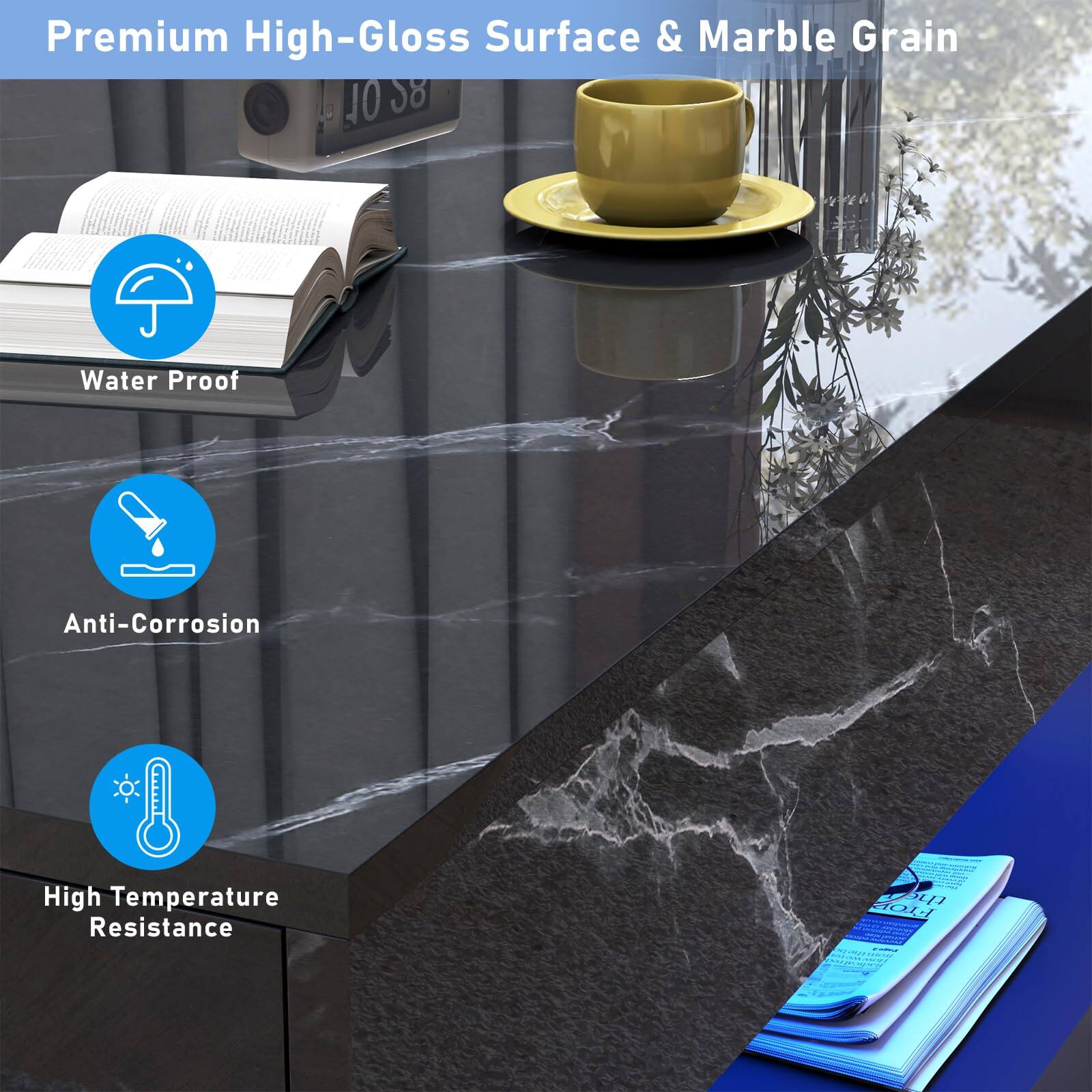Premium High-Gloss Surface & Marble Grain

- Water Proof
- Anti-Corrosion
- High Temperature Resistance