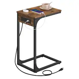 Songmics Home - C-Shaped Side Table, End Table with Charging Station, C Table for Couch, Sofa, Adjustable Feet, for Bedroom, Living Room - Rustic Brown