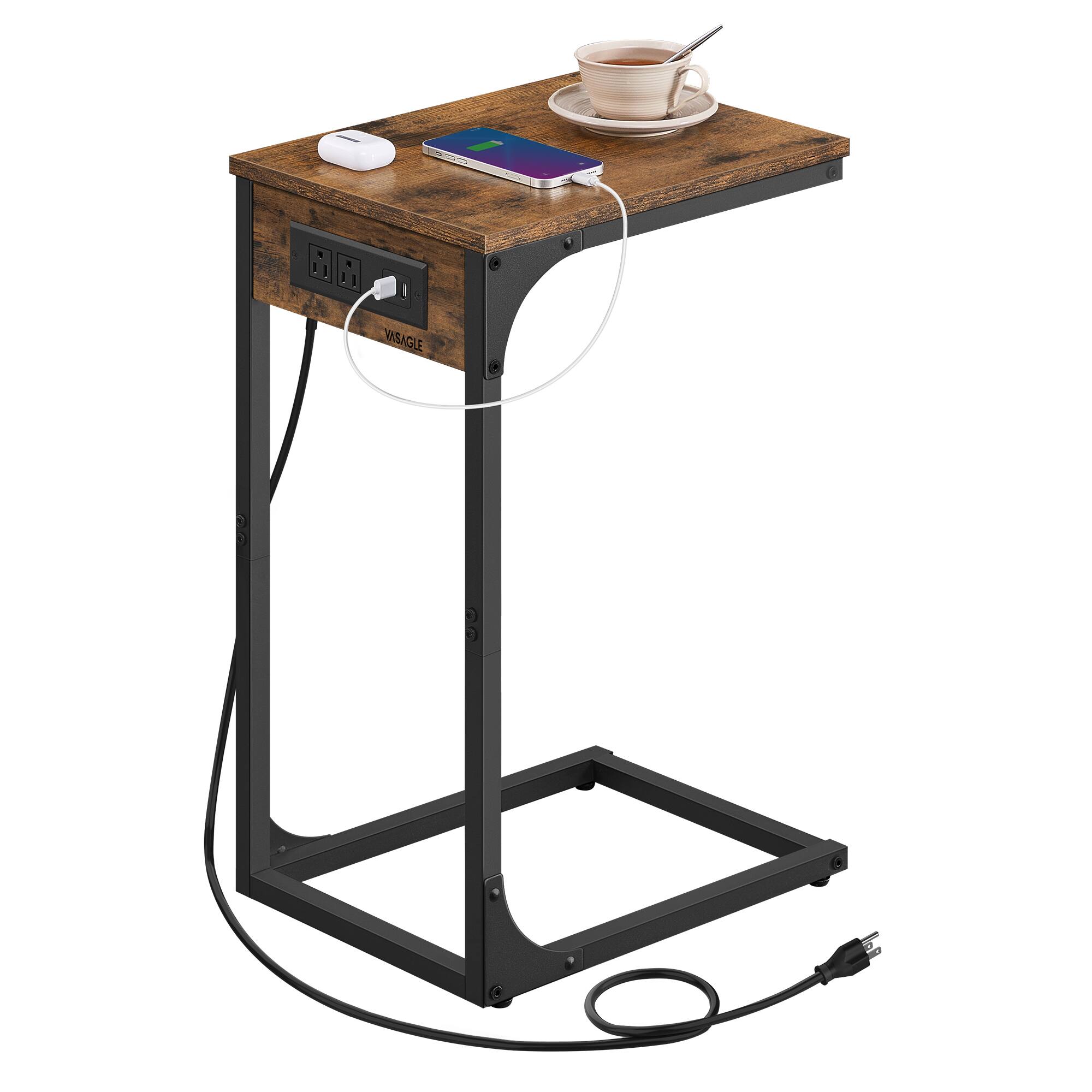 Front. Songmics Home - C-Shaped Side Table, End Table with Charging Station, C Table for Couch, Sofa, Adjustable Feet, for Bedroom, Living Room - Rustic Brown.