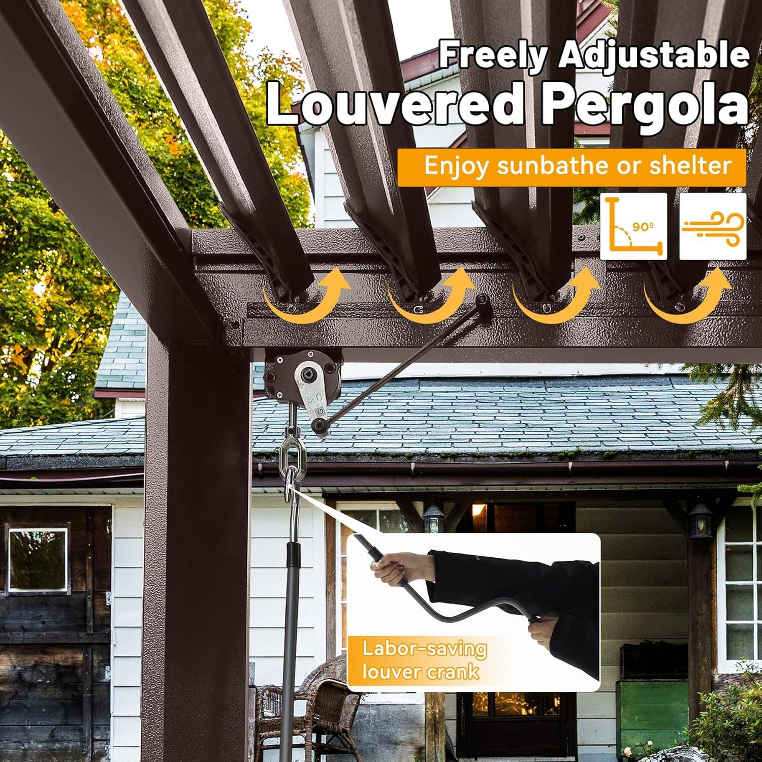 Freely Adjustable Louvered Pergola  
Enjoy sunbathe or shelter  
90°  
Labor-saving louver crank