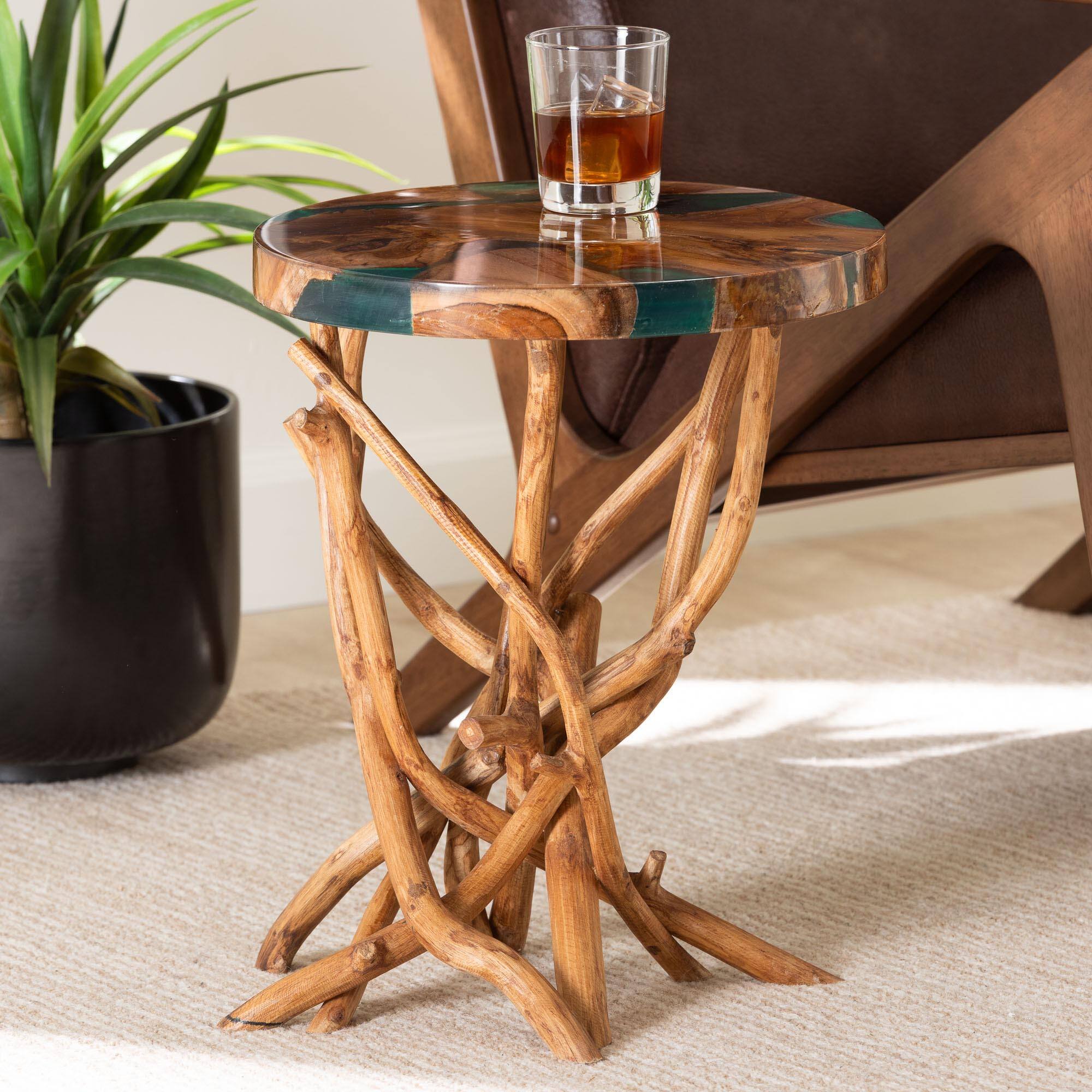 Alt View 2. bali & pari - Amada Teak Wood Epoxy Resin End Table - Round Live Edge Side Table with Branch Legs, Handcrafted Rustic Accent Table - Natural Brown/Green.