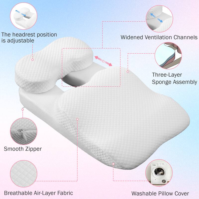 - The headrest position is adjustable
- Widened Ventilation Channels
- Three-Layer Sponge Assembly
- Smooth Zipper
- Breathable Air-Layer Fabric
- Washable Pillow Cover