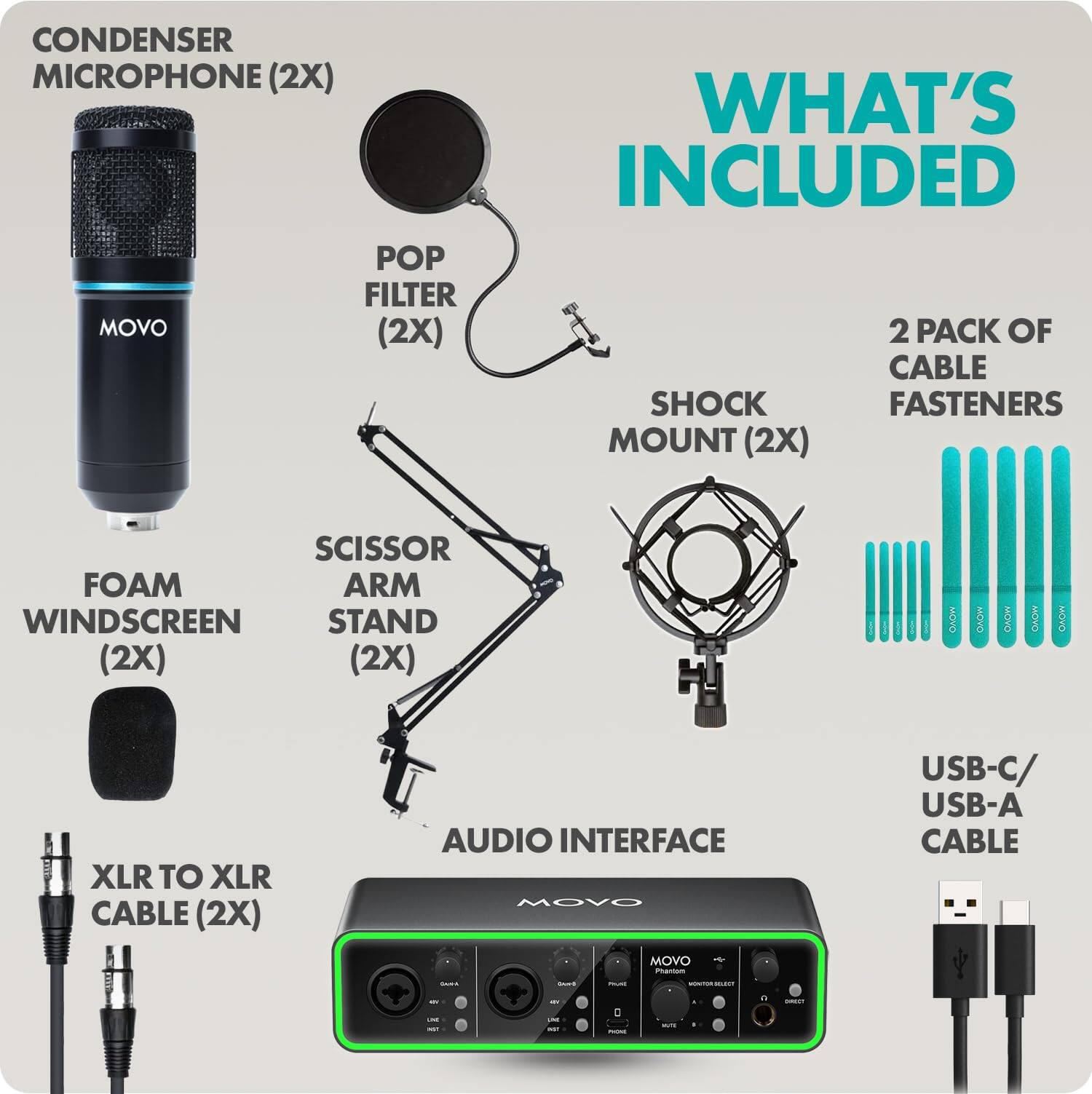 CONDENSER MICROPHONE (2X)  
POP FILTER (2X)  
SHOCK MOUNT (2X)  
SCISSOR ARM STAND (2X)  
FOAM WINDSCREEN (2X)  
XLR TO XLR CABLE (2X)  
AUDIO INTERFACE  
USB-C/ USB-A CABLE