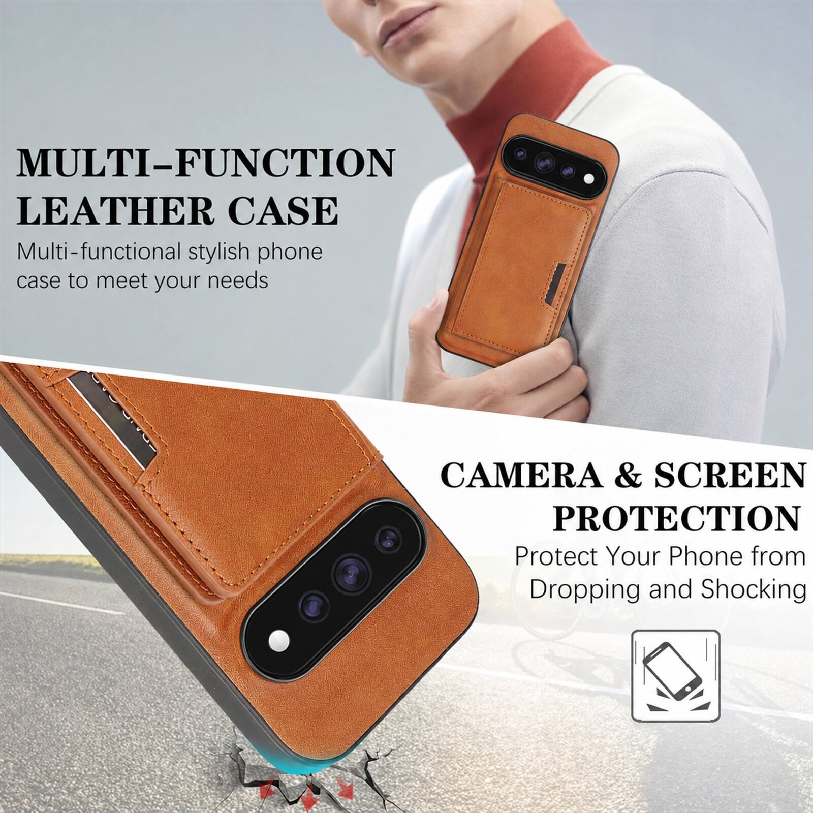 MULTI-FUNCTION LEATHER CASE  
Multi-functional stylish phone case to meet your needs

CAMERA & SCREEN PROTECTION  
Protect Your Phone from Dropping and Shocking