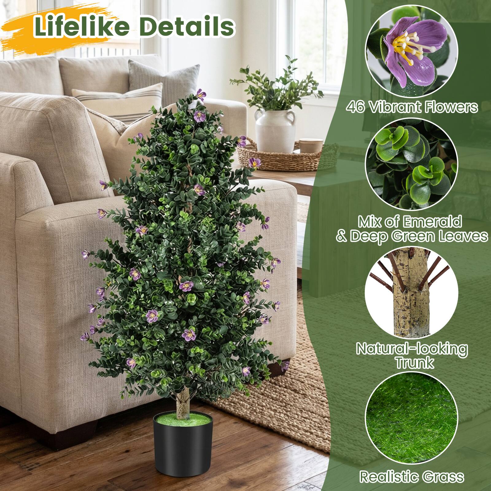 Lifelike Details

- 46 Vibrant Flowers
- Mix of Emerald & Deep Green Leaves
- Natural-looking Trunk
- Realistic Grass