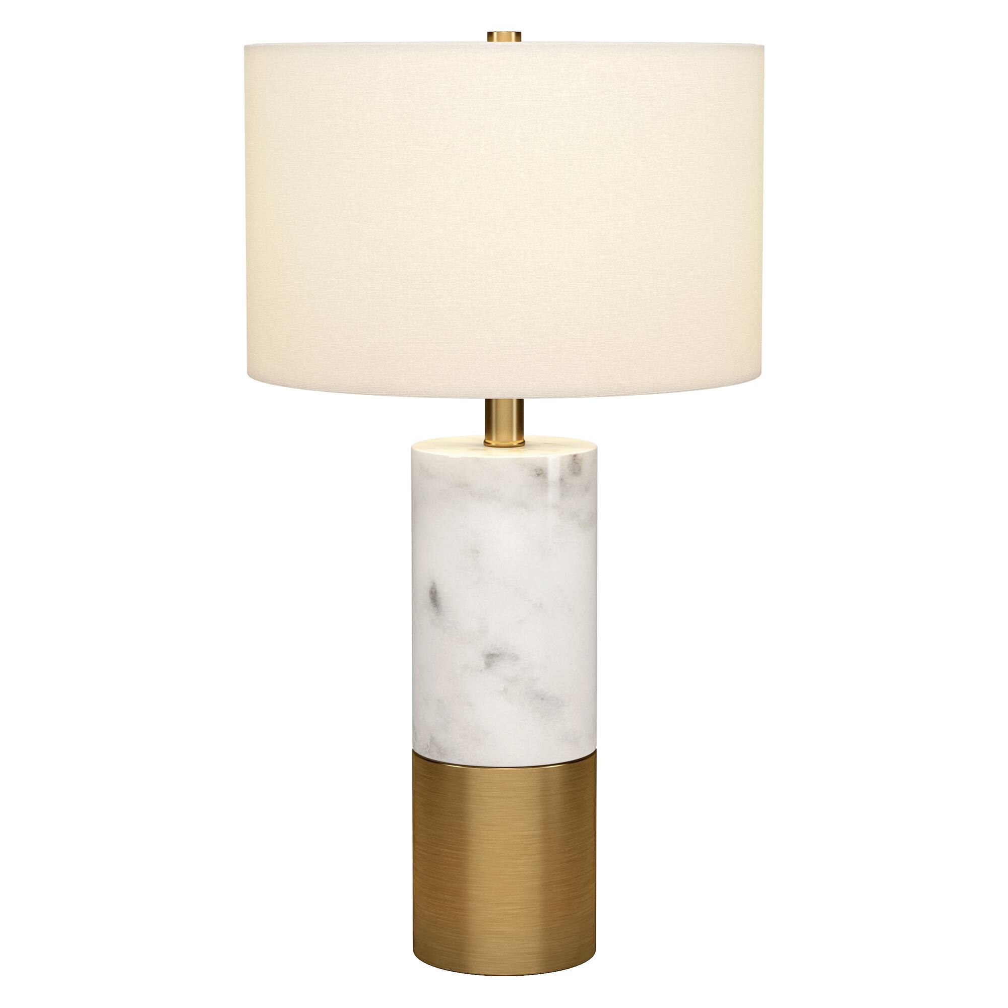 Angle. Hudson&Canal - Liana 24" Tall Table Lamp with Fabric Shade in Marble/Brass/White.