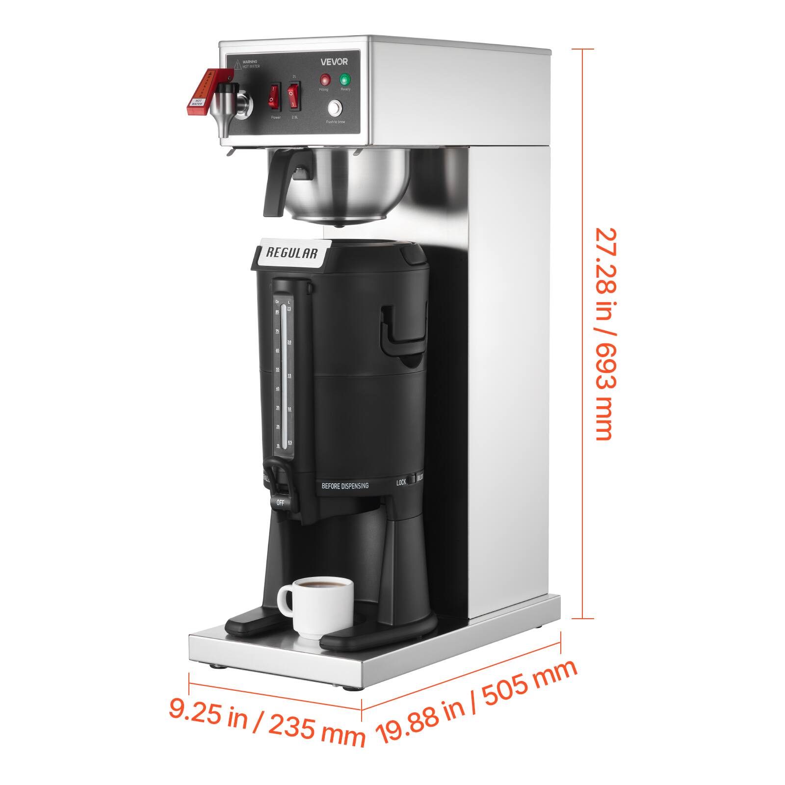 Sure, here is the corrected and grouped text from the image:

- VEVOR
- REGULAR
- BEFORE DISPENSING
- LOCK
- 27.28 in / 693 mm
- 9.25 in / 235 mm
- 19.88 in / 505 mm