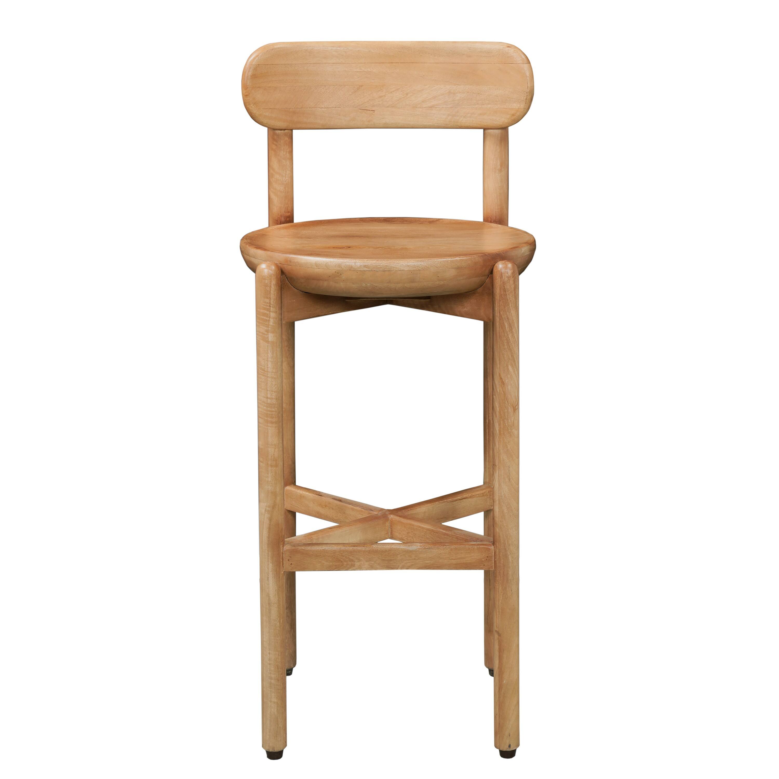 Front. Manhattan Lane - Maona Bar Stool Chair with Round Seat, Curved Open Back, Mango Wood - Natural Brown.