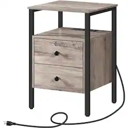 Hivvago - Modern Black Metal Nightstand with Grey Wood Finish Drawers and Shelf - Gray