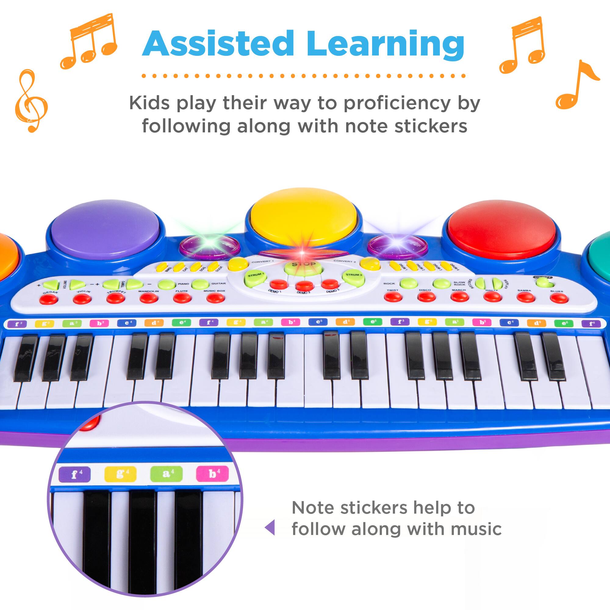 Assisted Learning

Kids play their way to proficiency by following along with note stickers

Note stickers help to follow along with music