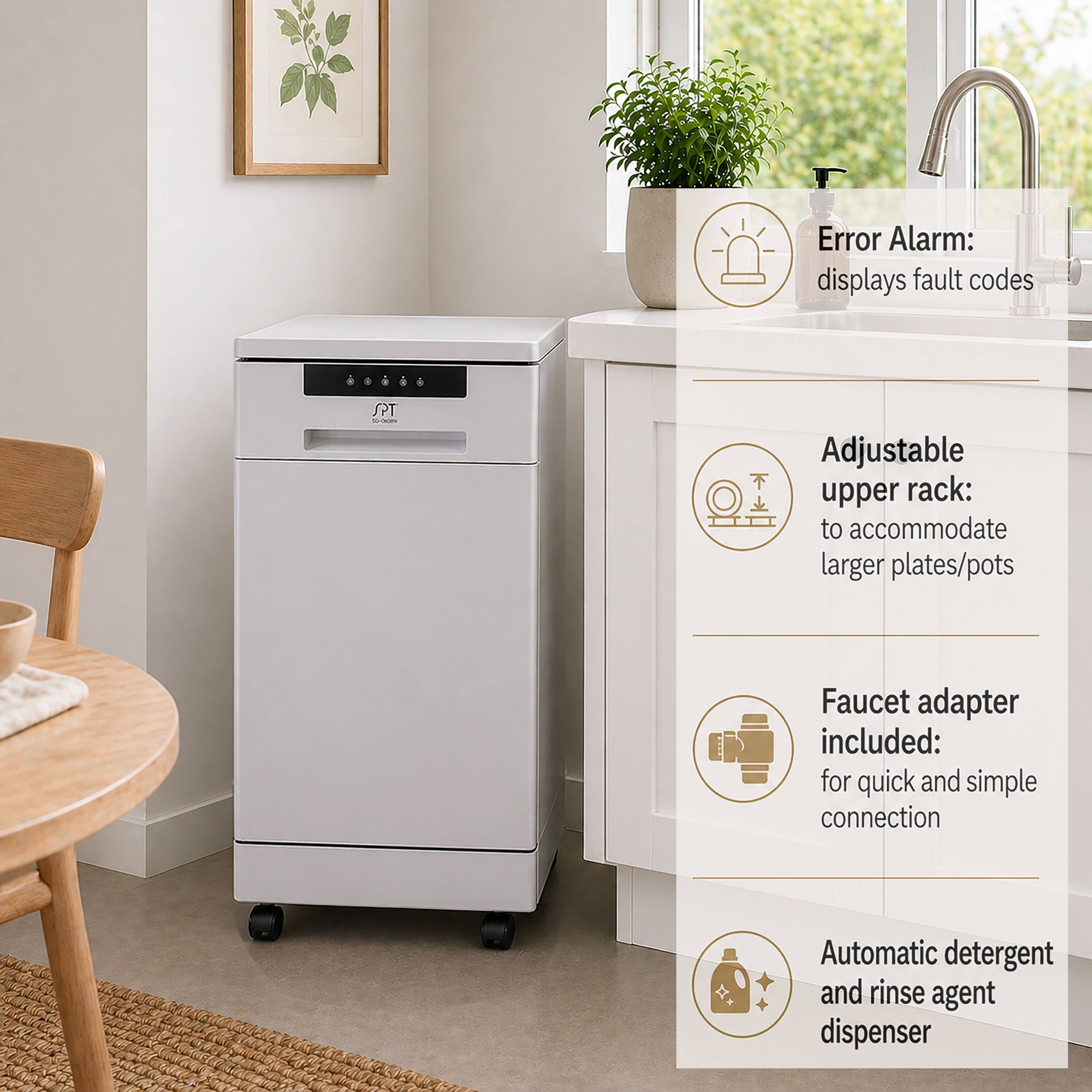 - Error Alarm: displays fault codes
- Adjustable upper rack: to accommodate larger plates/pots
- Faucet adapter included: for quick and simple connection
- Automatic detergent and rinse agent dispenser