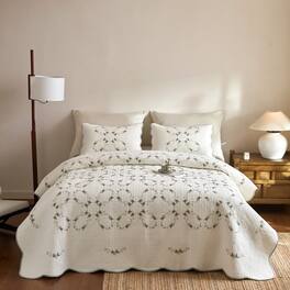 MarCielo - 3 Pieces Soft Cream Cotton Quilt Bedspread Set European Cottage Style - White