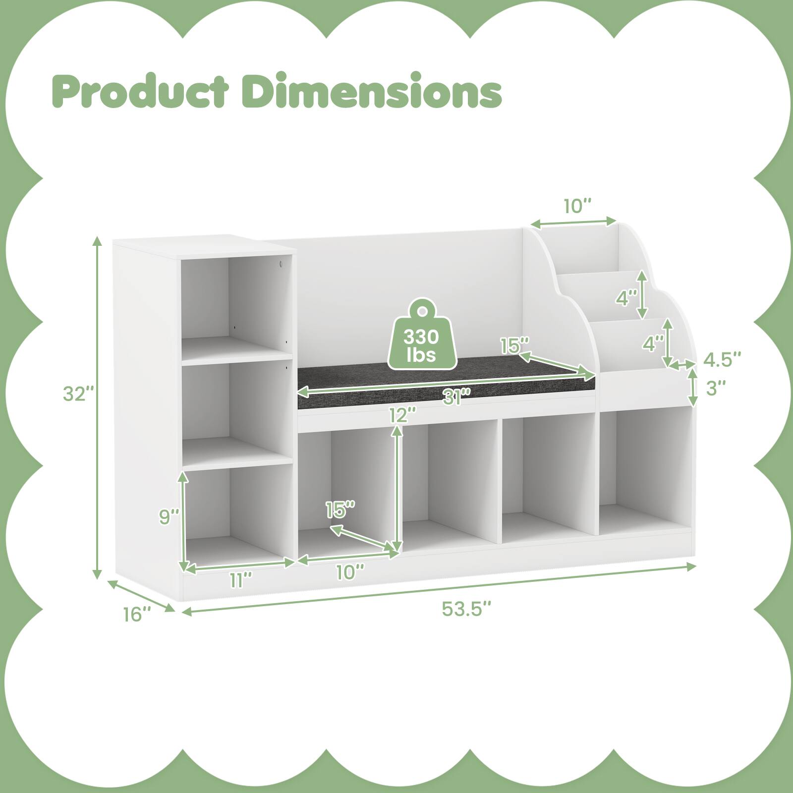 Product Dimensions

- 16" x 53.5" x 32"
- 11" x 10" x 9"
- 15" x 10" x 12"
- 15" x 12" x 10"
- 4.5" x 4" x 4"
- 3" x 4" x 4"
- 330 lbs
- 150 lbs